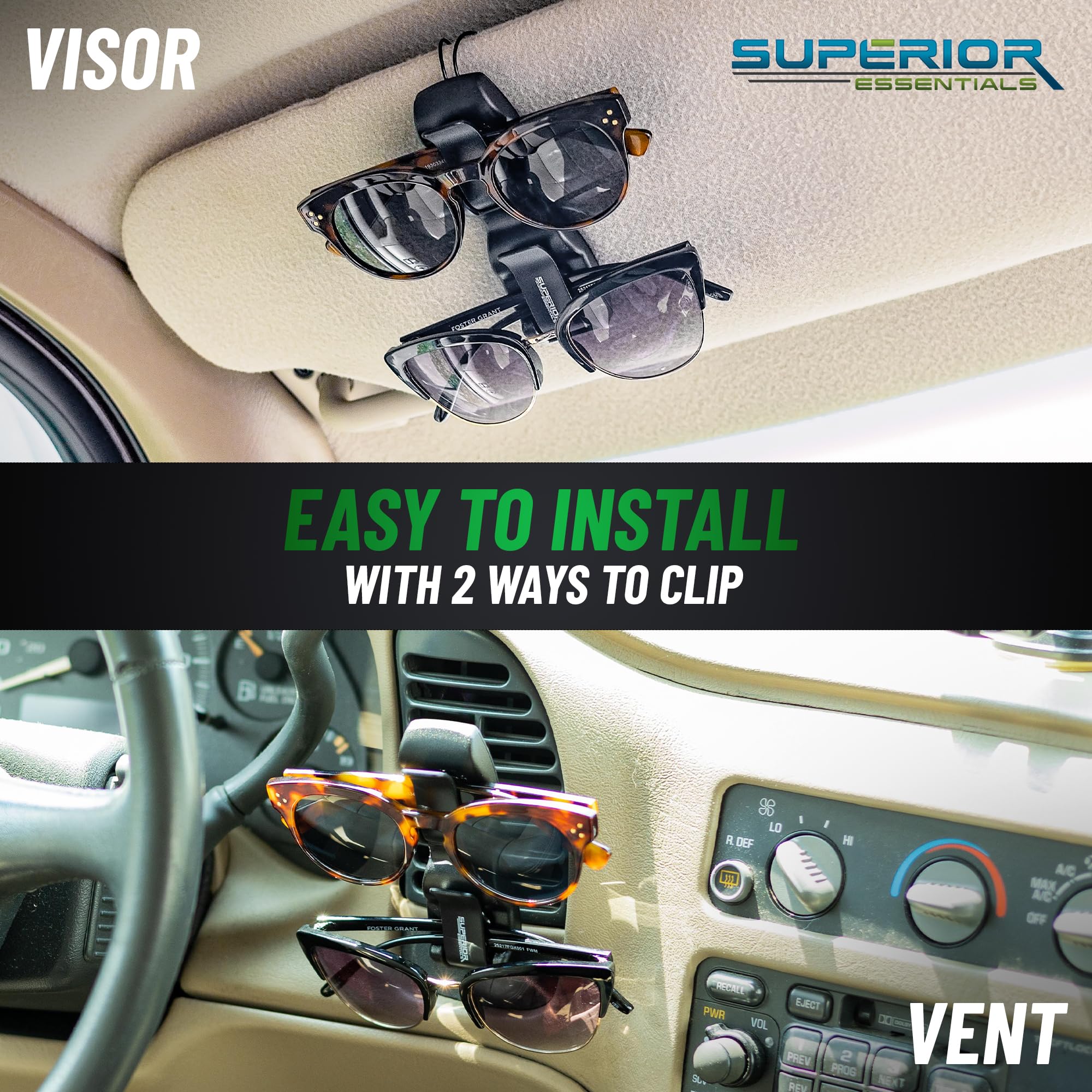Car Visor Sunglass Holder with Eyeglass Mount & Ticket Card Clips - Luxury Car Accessories for Sun Glasses & Essentials - Perfect for Road Trips & Daily Commutes