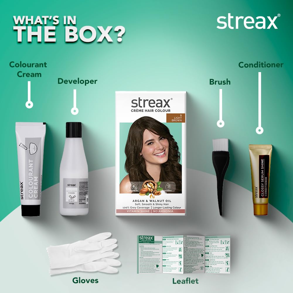 Streax Permanent Hair Color Cream - 100% Gray Coverage with Argan & Walnut Oil - Long Lasting Women's Hair Dye - 5 Light Brown (120ml) - Perfect for Home Use, Salon-Quality Results, DIY Hair Coloring & Touch-Ups