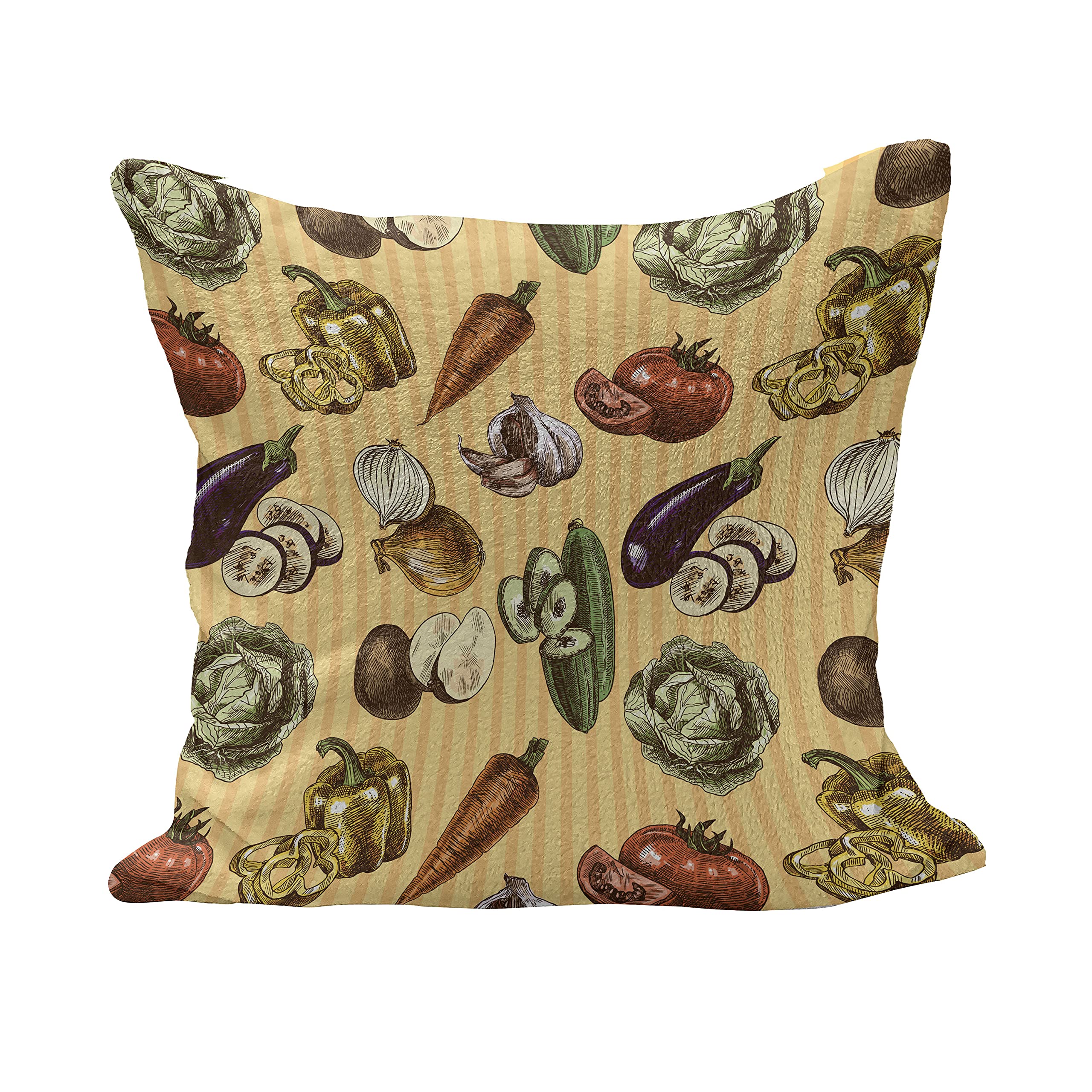 Ambesonne Fluffy Throw Pillow Cover 16x16 Inches - Hand Drawn Fruits & Vegetables Sketch with Striped Coral Background - Decorative Square Cushion Case for Sofa, Bed, Living Room - Multicolor Home Decor