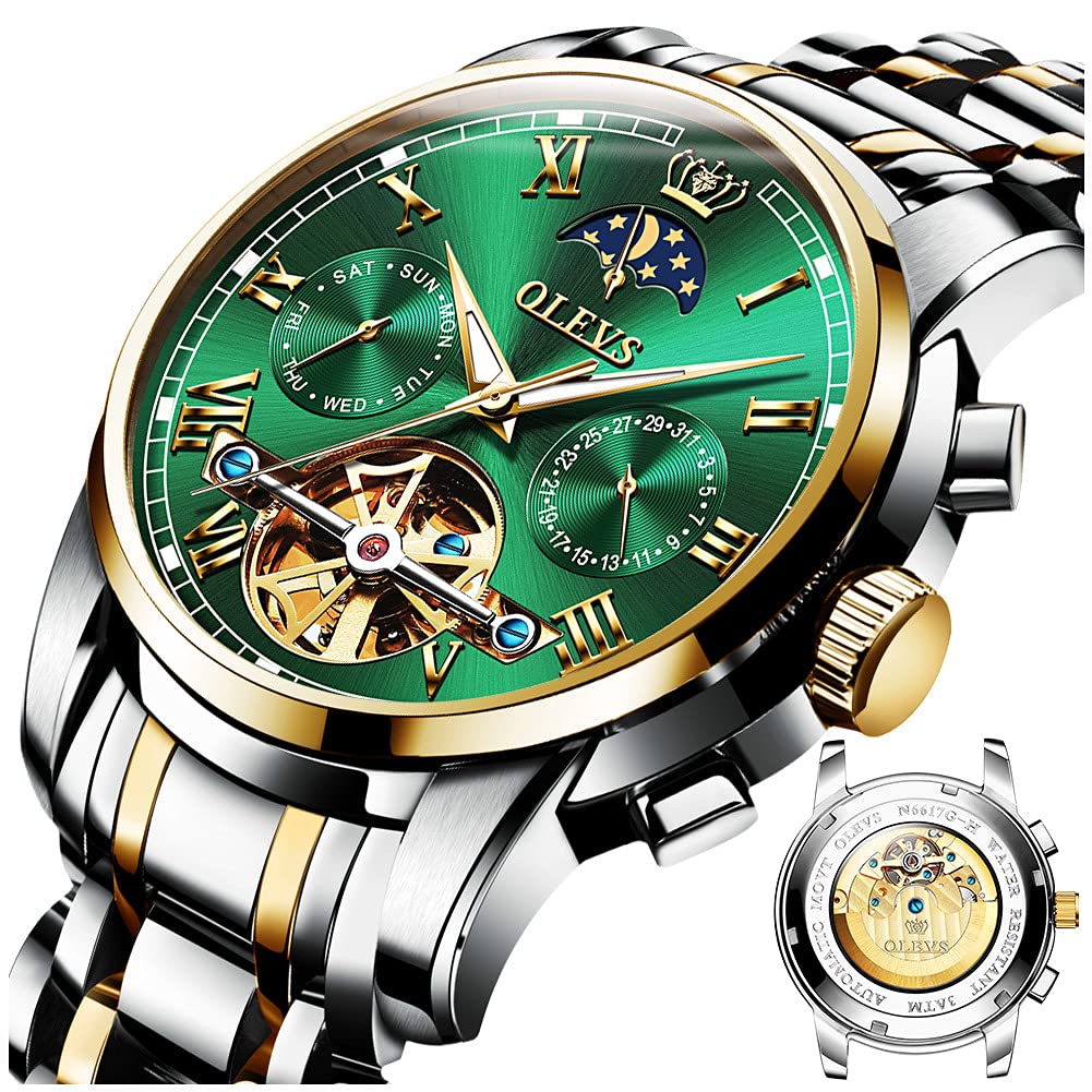OLEVS Automatic Couple Watches for Men & Women - His and Hers Matching Set, Self-Winding Mechanical Tourbillon Dress Watch with Day Date Calendar, Big Face Two-Tone Wristwatch | Perfect Anniversary Gift, Wedding Present & Romantic Couples Accessory