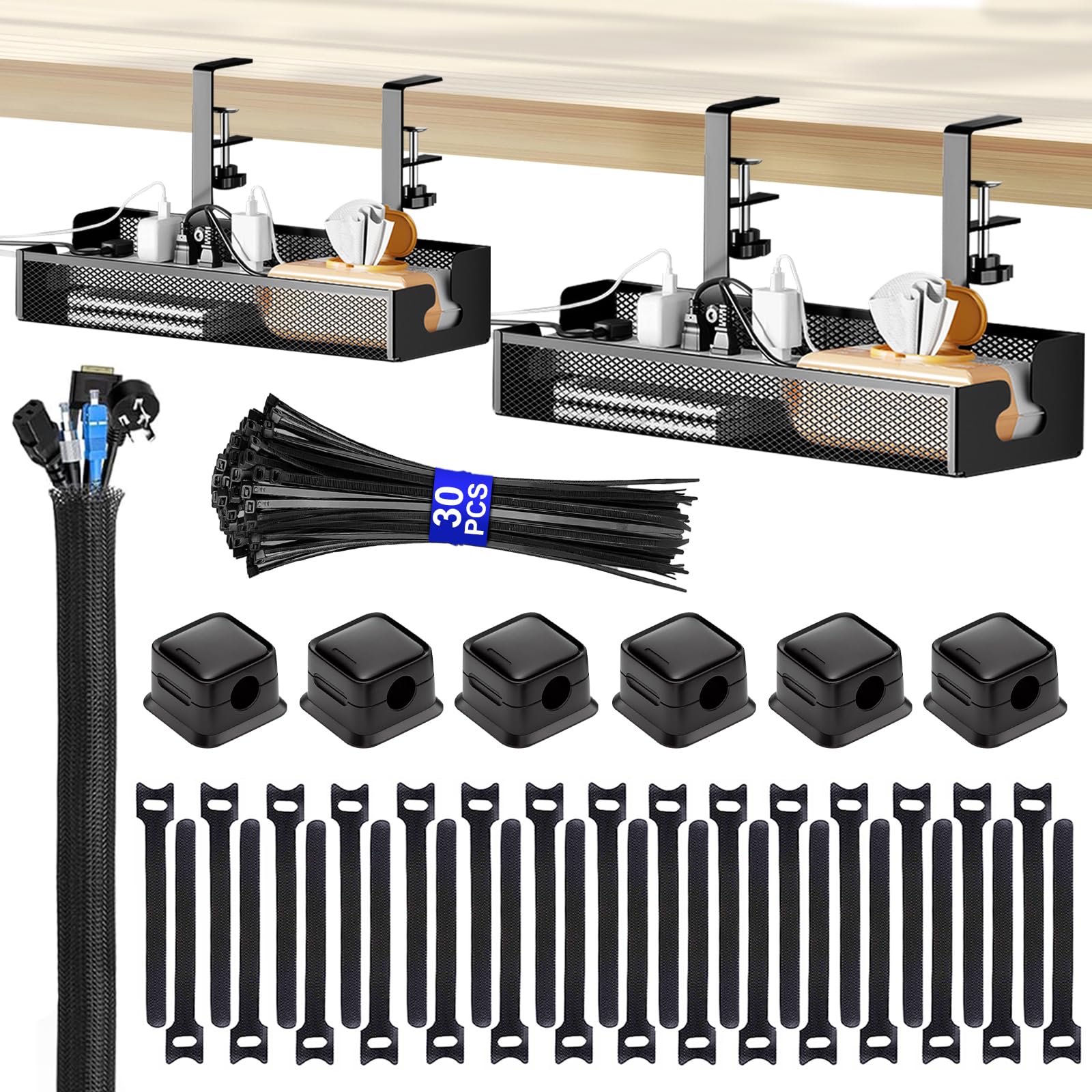 2 Pack Black Under Desk Cable Management Tray - 15.7