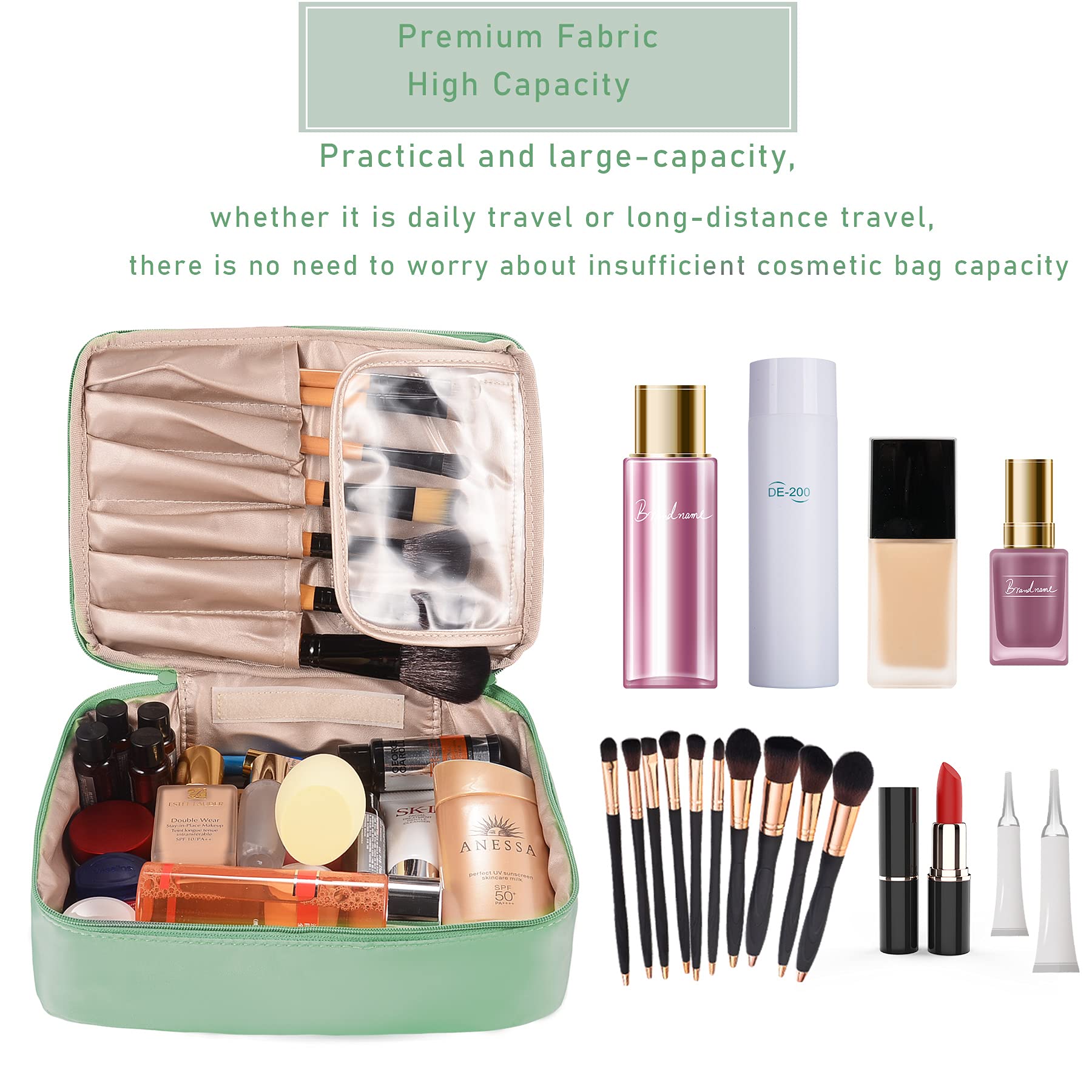 EXGOX Large Waterproof Makeup Bag for Women - Travel Cosmetic Organizer with Brush Holder, Reusable Toiletry Bag for Makeup Brushes & Cosmetics (Green) | Perfect for Travel, Gym, Beach & Daily Use