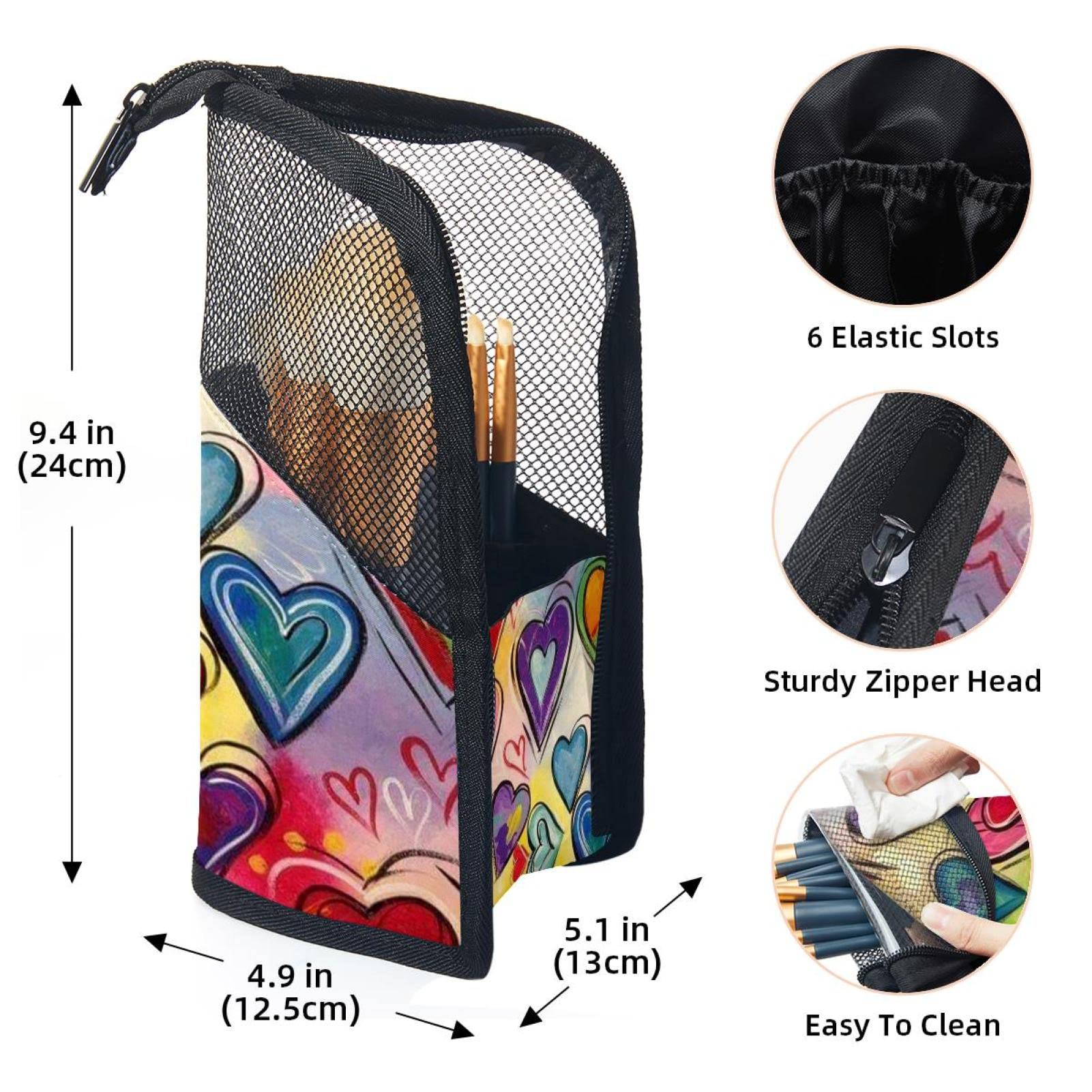 12-Piece Makeup Brush Organizer Bag with Colorful Heart Design - Portable Travel Cosmetic Brush Holder Case for Valentine's Day Gift, Home & Travel Use