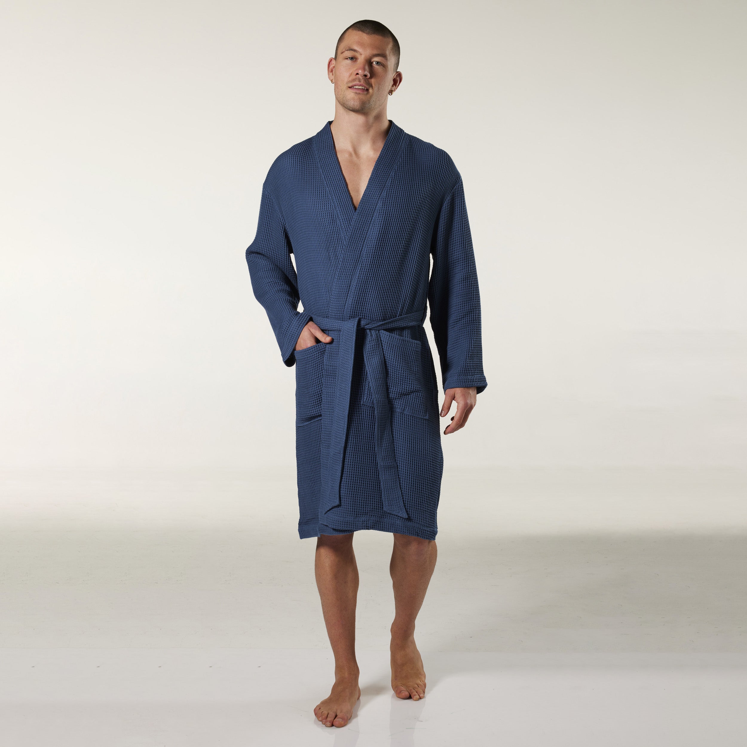 Men's Waffle Texture Bamboo Woven Robe - Soft & Breathable Denim Lounge Wear for Home Relaxation & Spa Days