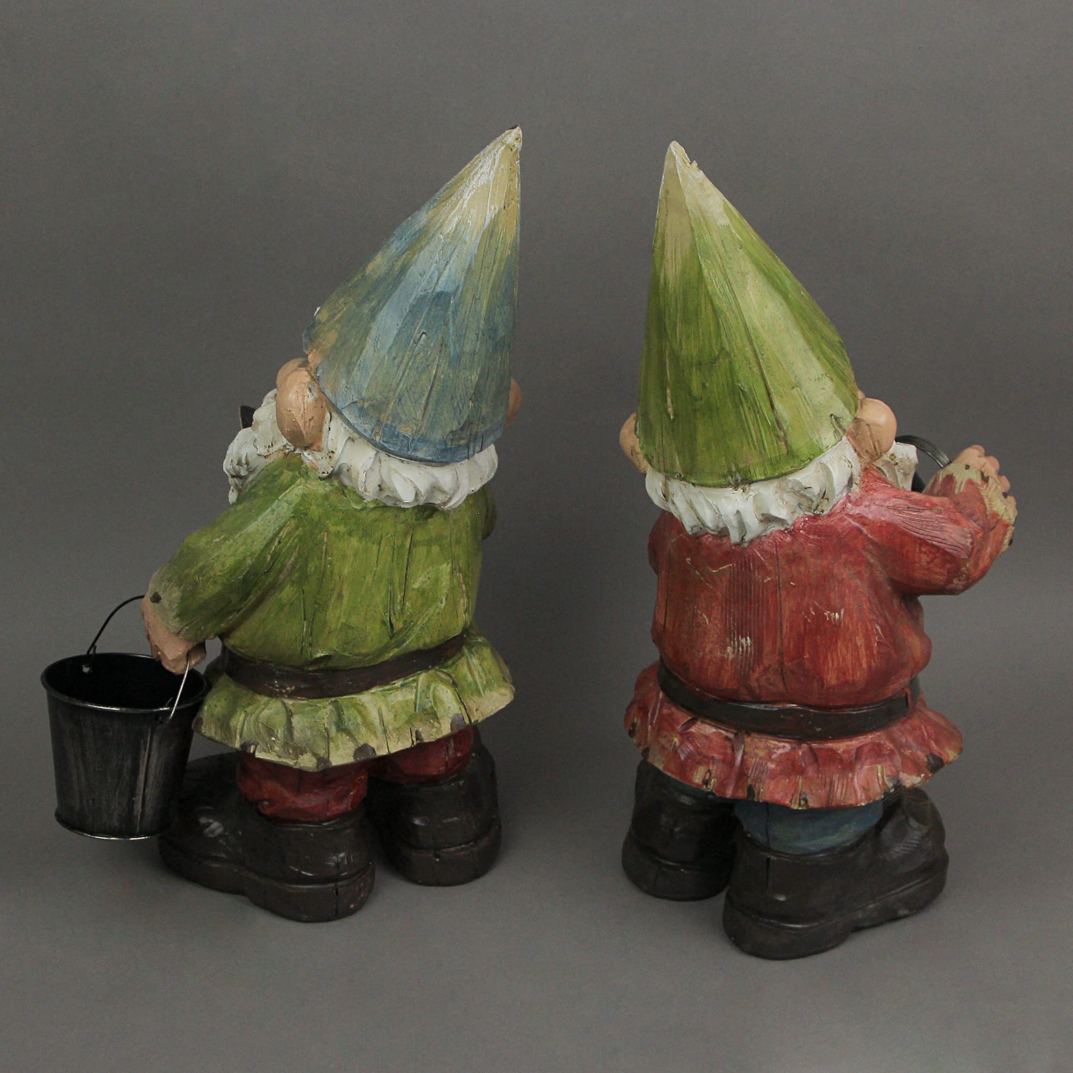 Set of 2 Wood-Look Garden Gnome Resin Statues - 15 Inch Outdoor Lawn Decor, Yard Art for Garden, Patio & Landscape Decoration