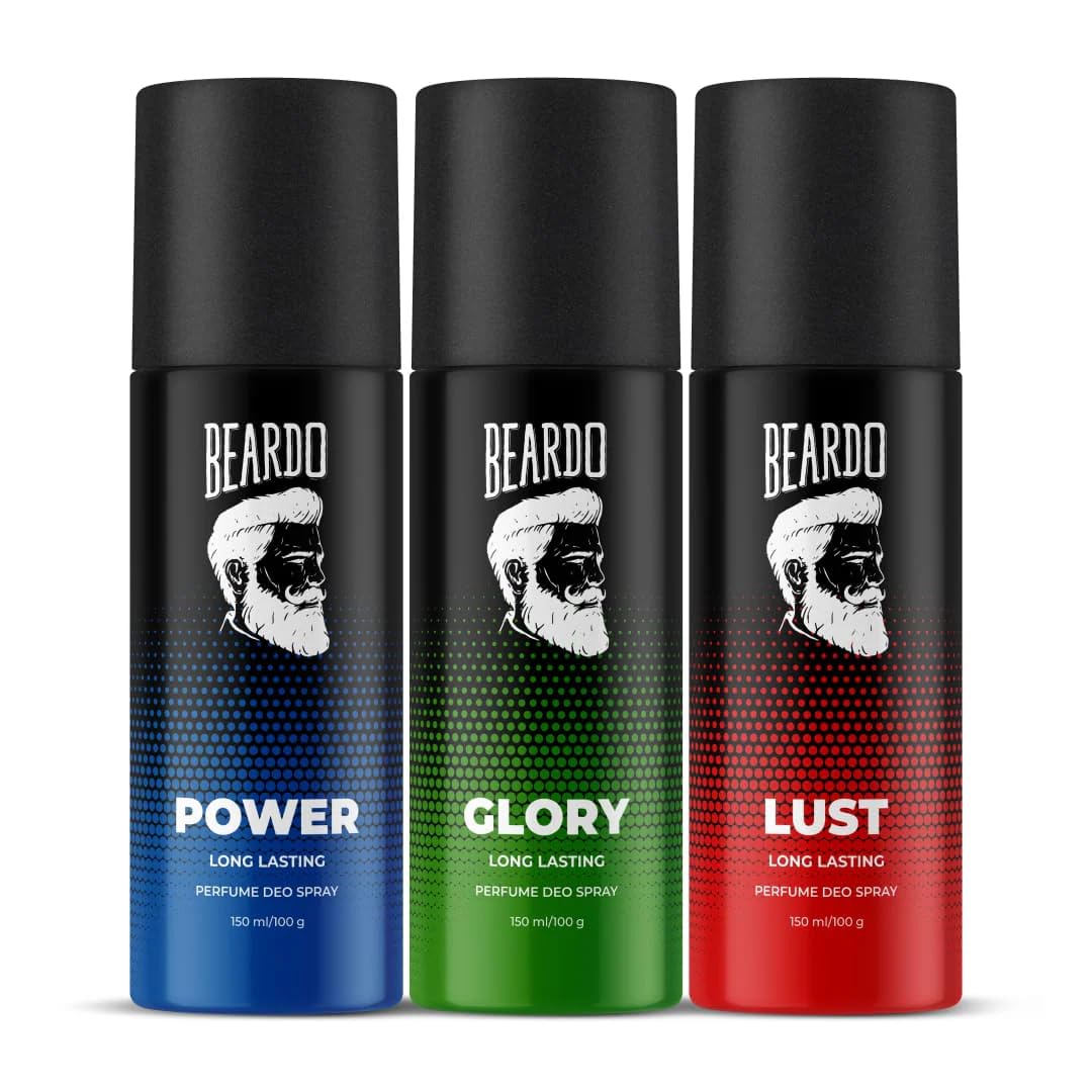 Beardo Power, Lust & Glory Perfume Body Spray Set (3-Pack) | Long-Lasting Fougere & Aromatic Deodorant for Men | Perfect Christmas Gift for Him, Boyfriend & Friends | Great for Work, Date Night & Special Occasions