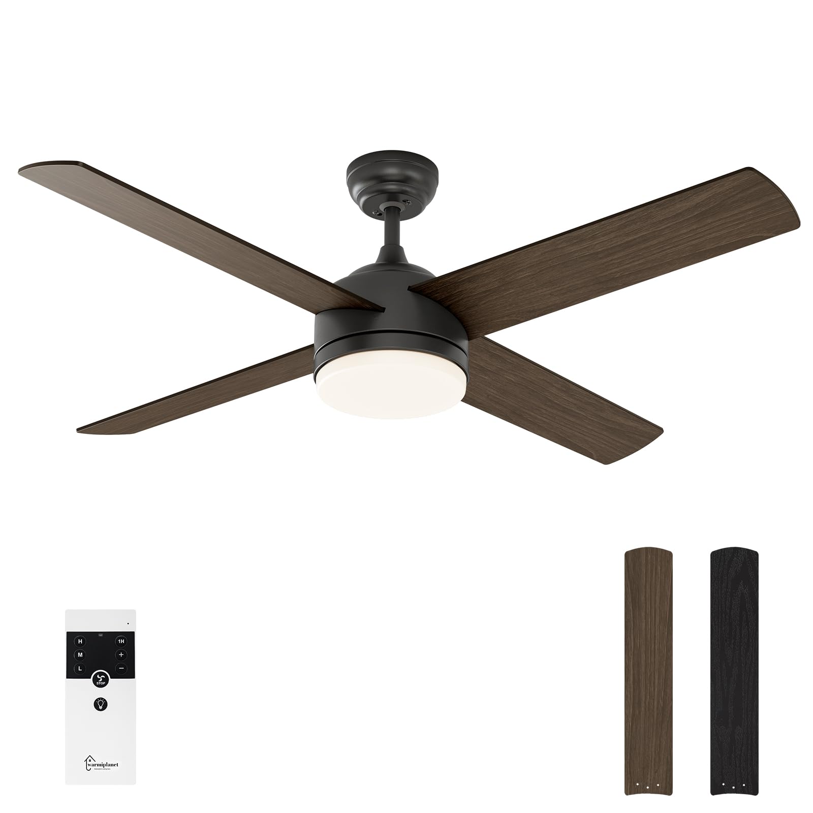 52 Inch Black Ceiling Fan with Lights & Remote Control - 4 Blades for Bedroom, Living Room, Office, Basement, Kitchen & Dining Room | Energy Efficient Cooling & Stylish Home Decor