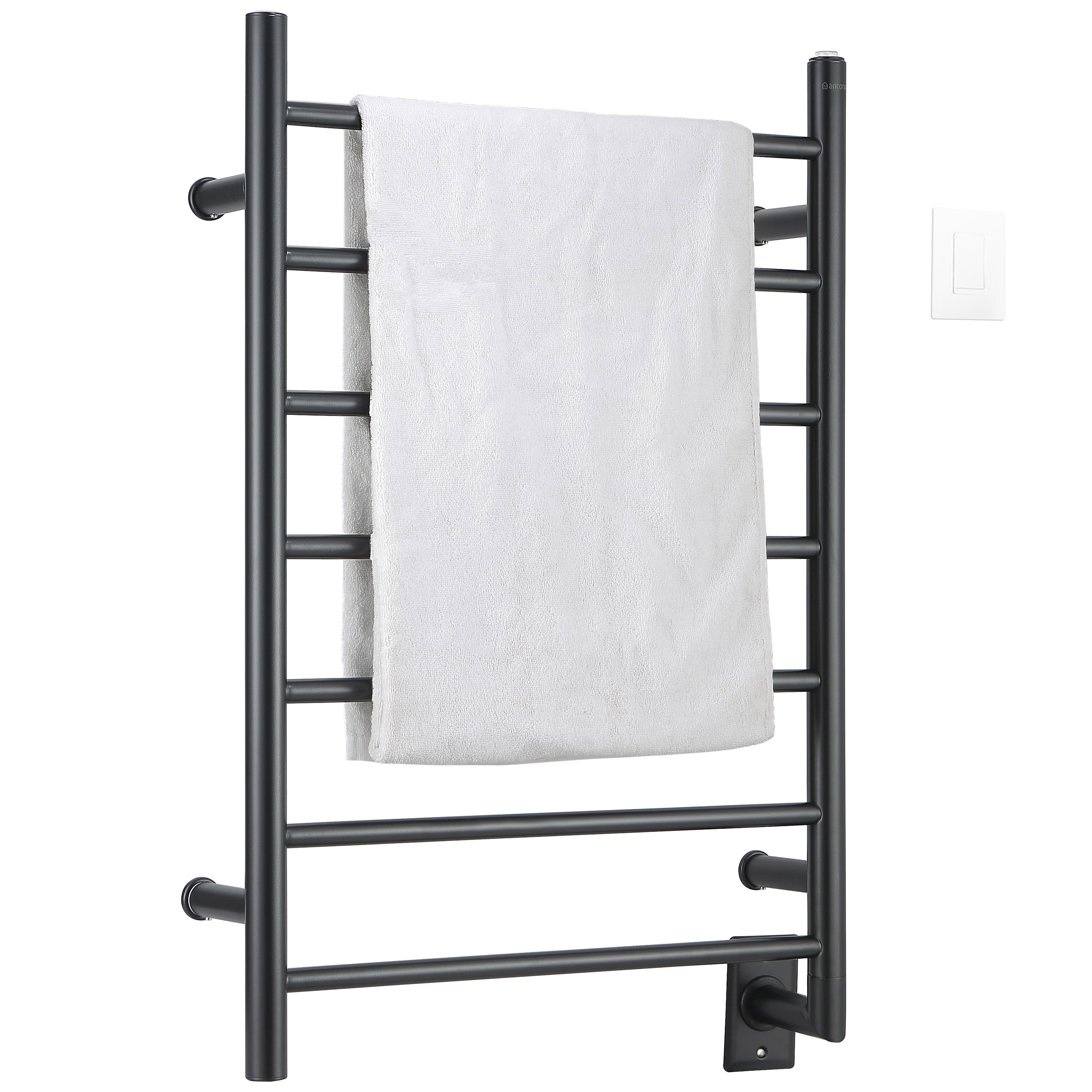 Ancona Comfort 7 Bar Hardwired Towel Warmer with WiFi Timer - Matte Black Bathroom Heater for Spa, Luxury Home & Hotel Use