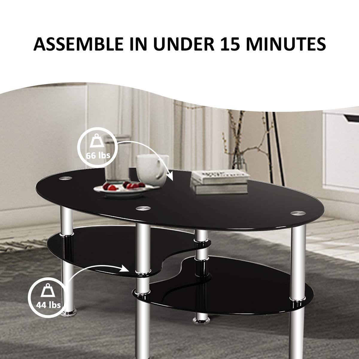 Modern Glass Coffee Table with Steel Legs - Black Glass Top & Sturdy Frame for Living Room, Lounge, or Office - Stylish Cocktail & Tea Table for Home Decor