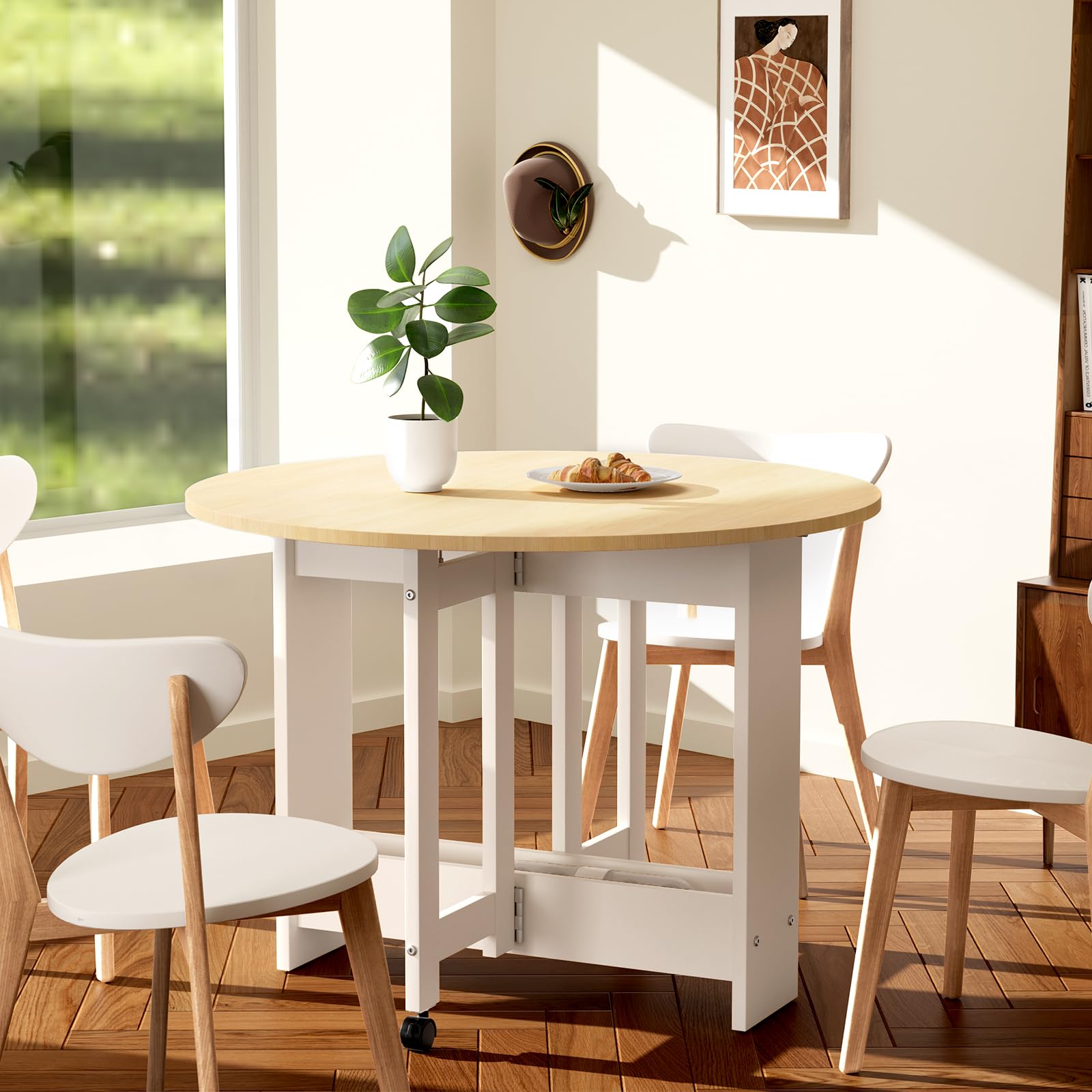 Round Drop-Leaf Folding Dining Table - Space Saving Extendable Kitchen Table with Storage & Wheels | Multifunctional Convertible Farmhouse Table for Small Spaces | Perfect for Apartments, Dorms, Living Rooms & Compact Dining Areas