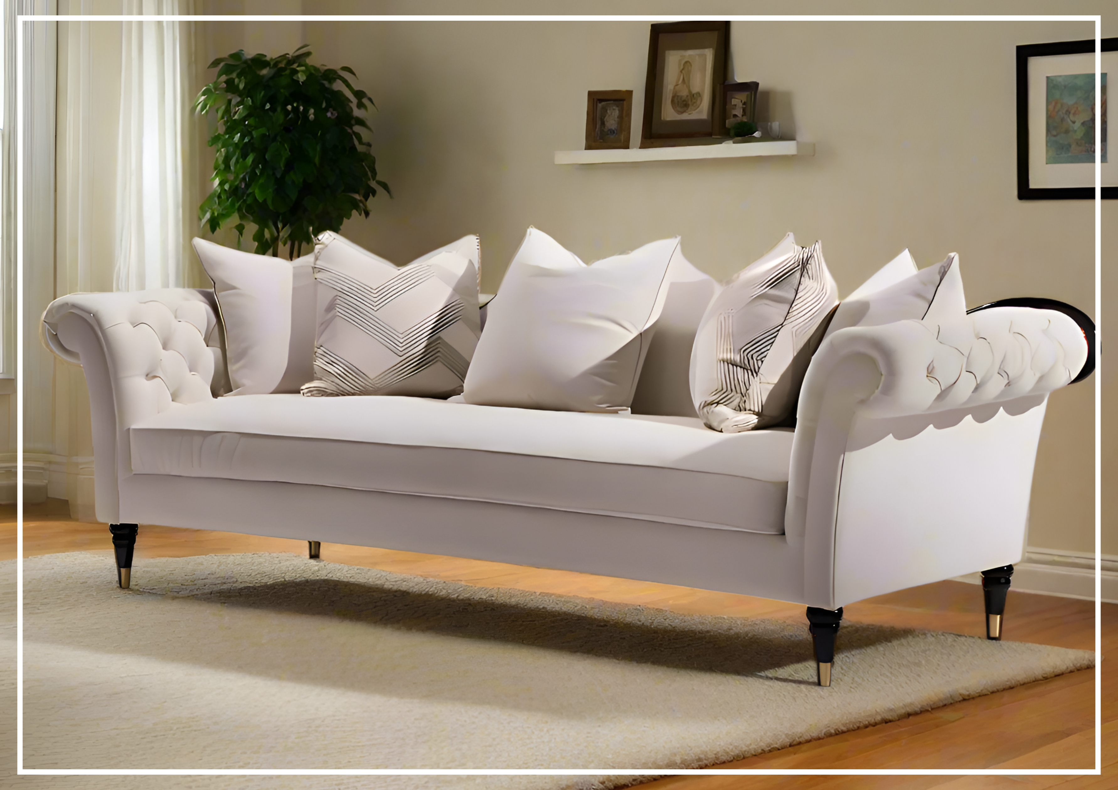 Klaussner Darla 3-Seater Beige Fabric Sofa with Tufted Rolled Arms - Modern Living Room Furniture for Small Spaces & Cozy Home Decor