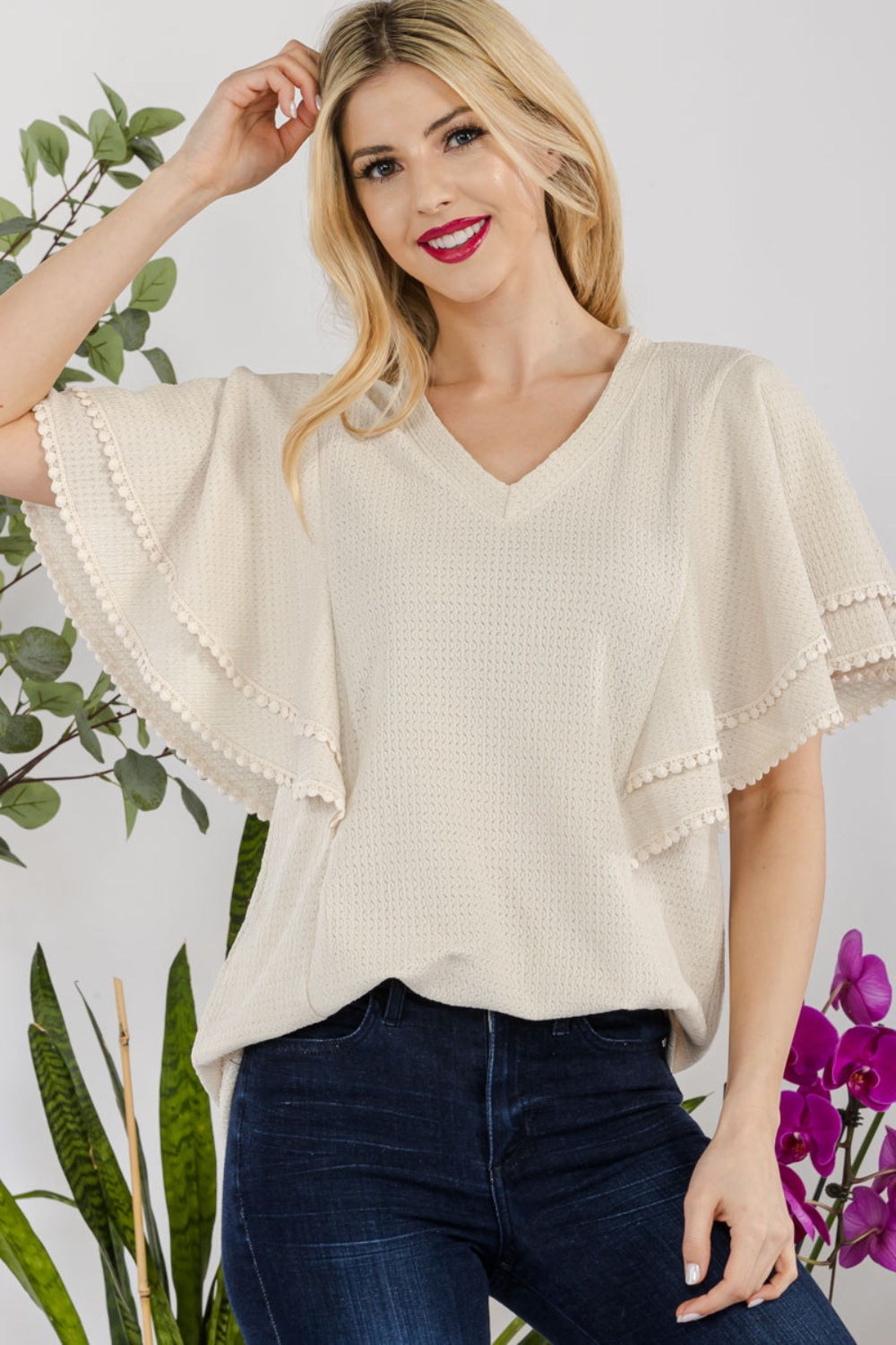 Celeste Women's V-Neck Lace Trim Flutter Sleeve Blouse - Elegant Flowy Top for Casual Wear, Date Night & Office Outfits