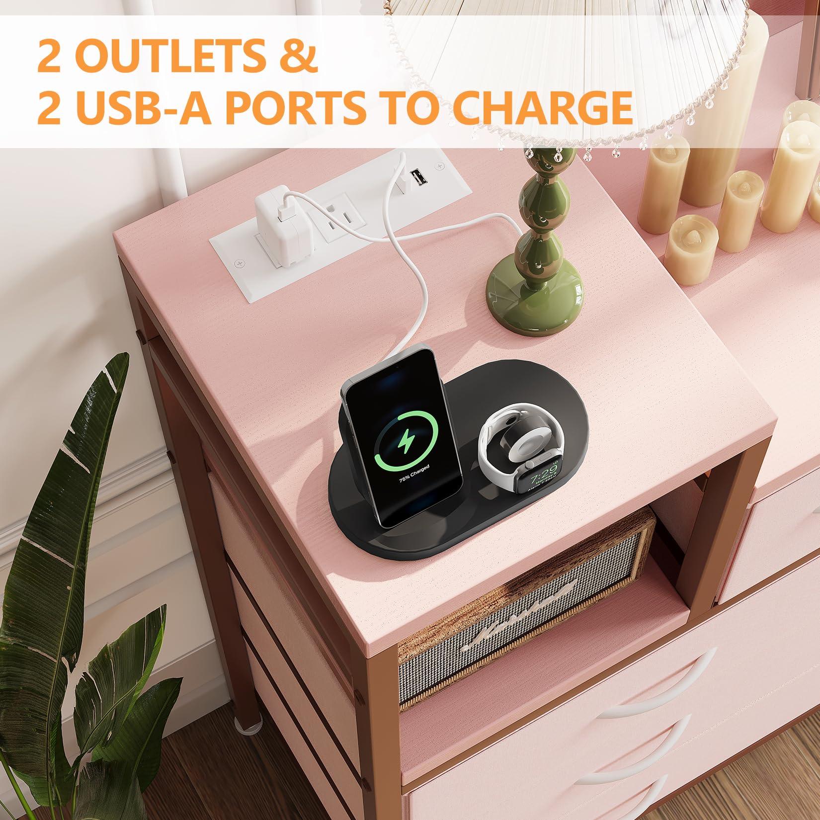 Jojoka TV Stand with Charging Station - 9-Drawer Modern Dresser for Bedroom & Living Room - Pink Entertainment Center for TV, Gaming Console & Media Storage