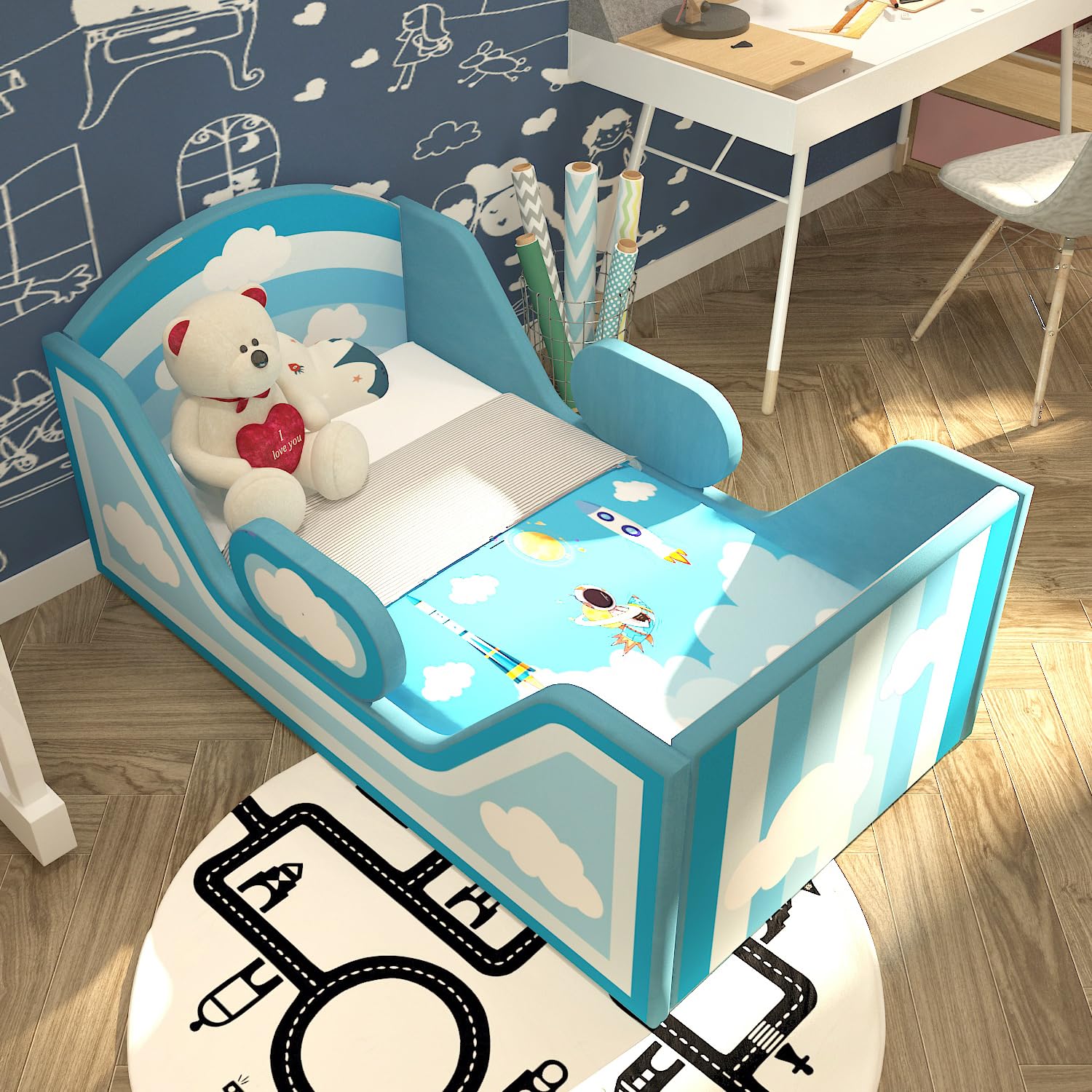 Round Toddler Bed with Safety Rail & Upholstered Headboard - Standard Crib Size Floor Bed for Kids 18 Months to 6 Years (Sky Blue, No Mattress Included) | Perfect for Montessori Bedrooms, Daycare Centers & Safe Sleep Training