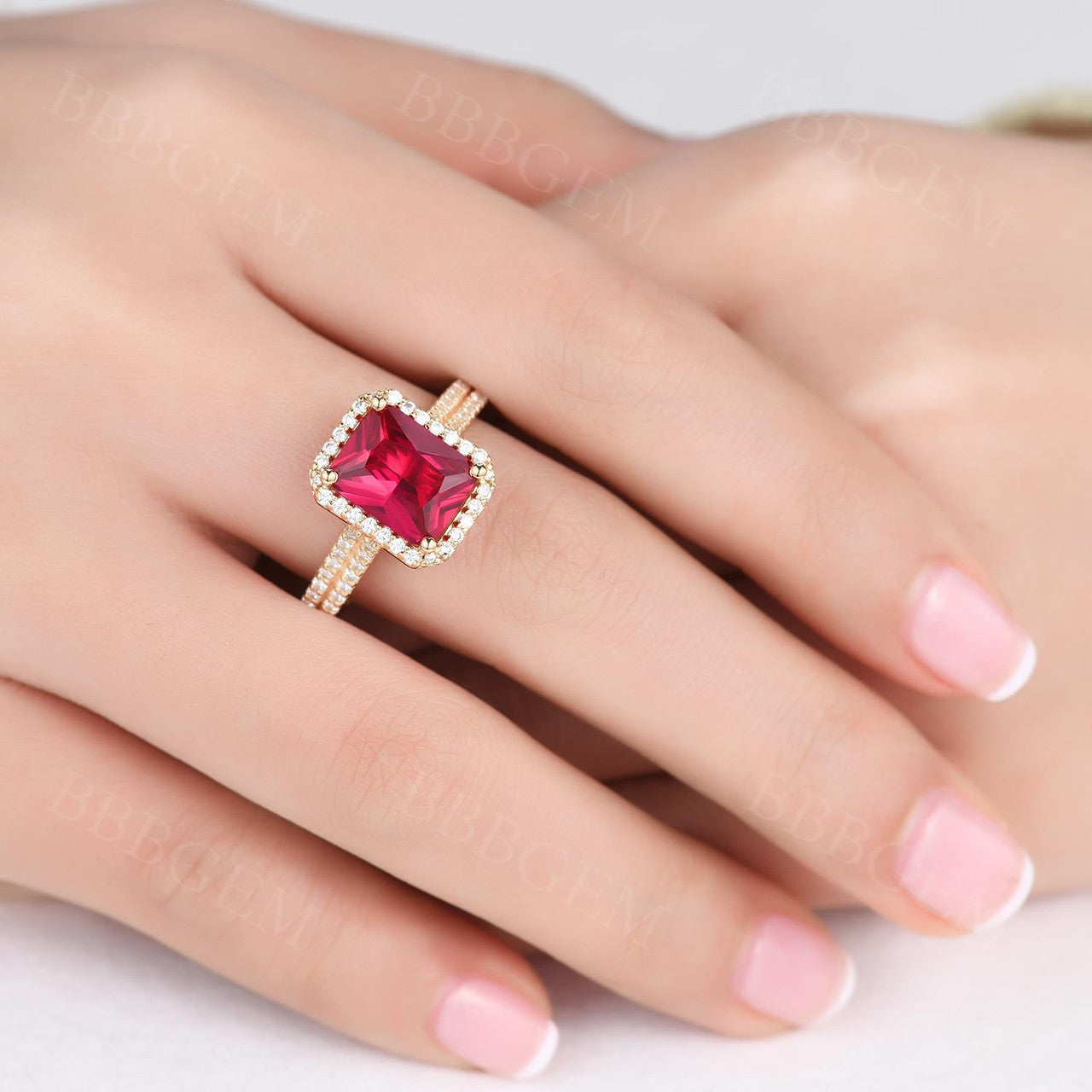 Vintage 8X10mm Yellow Gold Ruby Engagement Ring with Diamond Halo Wedding Band - 4 Carat Genuine Ruby & Diamond Ring for Women, Perfect for Proposals, Anniversaries & Special Occasions