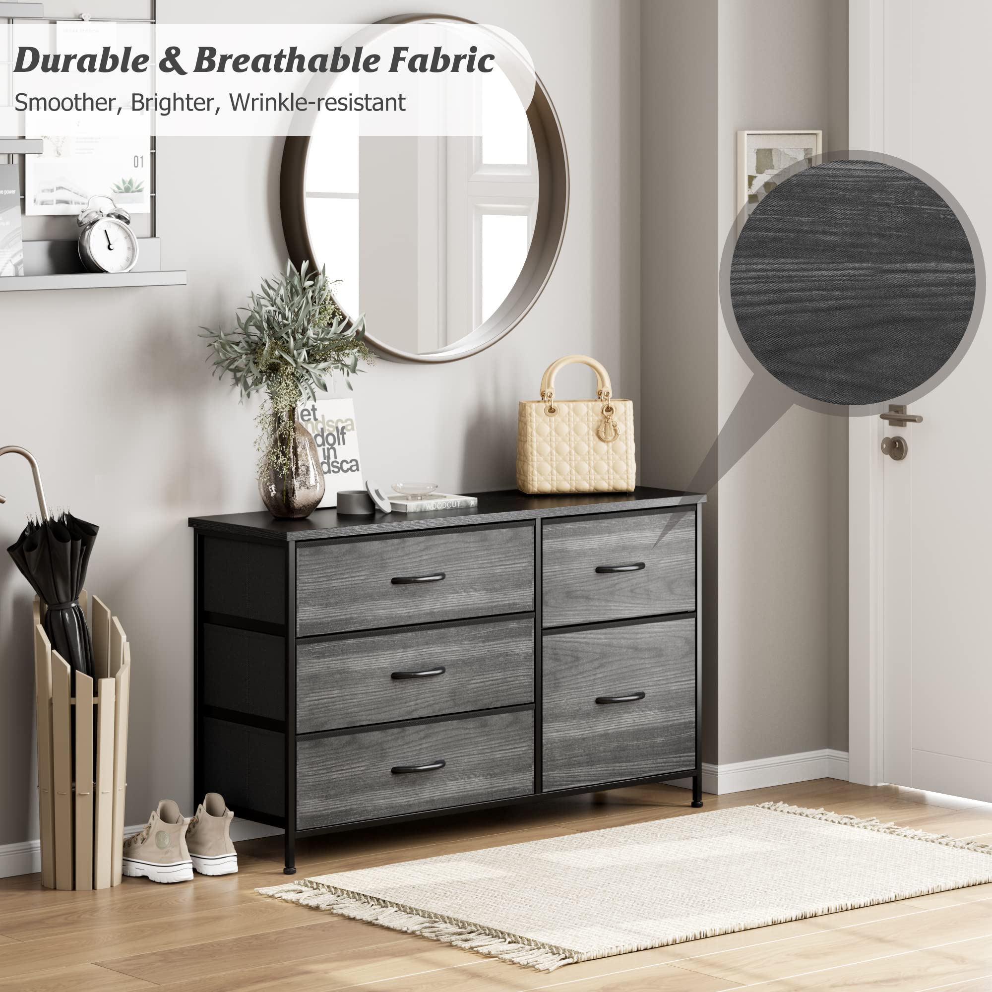 Modern 5-Drawer Black Dresser for Bedroom - Wood Grain Print Kids Dresser with Sturdy Wood Top - Space-Saving Storage for Clothes, Toys & Nursery Essentials - Perfect for Bedrooms, Closets & Kids' Rooms
