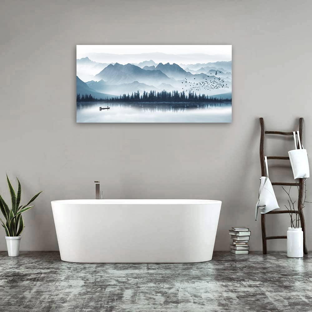arteWOODS Indigo Misty Mountain Lake Canvas Wall Art - Framed Forest Landscape Painting with Birds, Ready to Hang 24x48 Inches - Perfect for Living Room, Bedroom & Office Decor