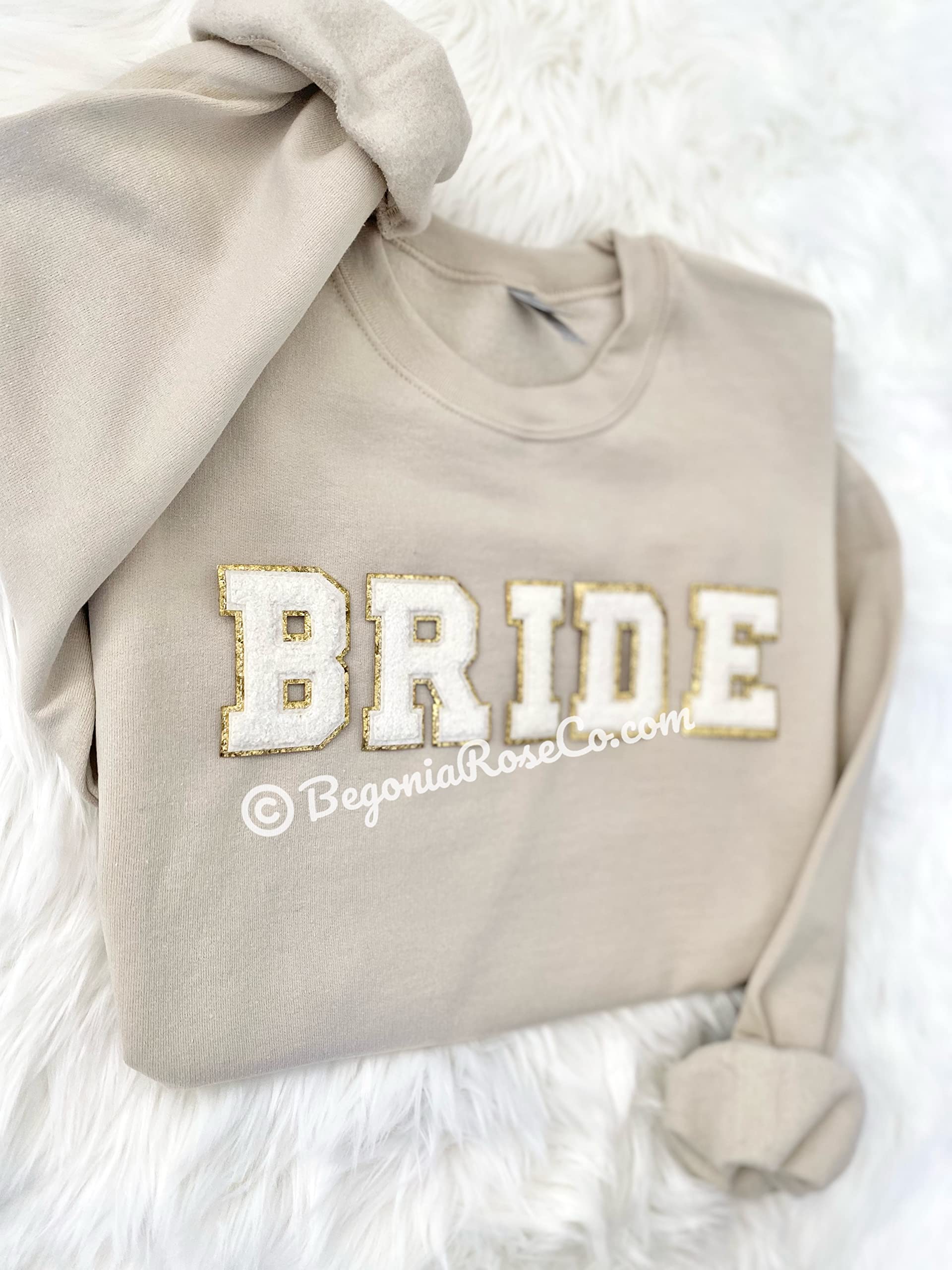 Custom Embroidered Chenille Patch Sweatshirt - Personalized Mama, Wifey, Bride, Last Name or Teacher/Nurse Gift (Medium, Sand Color) - Perfect for Holidays, Bridal Parties, Mother's Day & Casual Wear