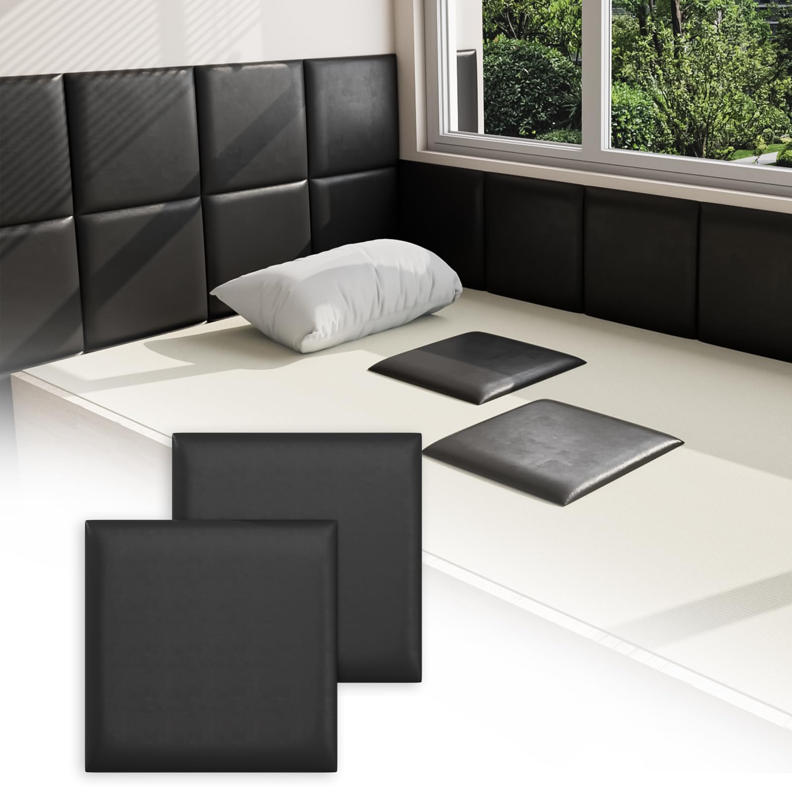 3D Anti-Collision Wall Padding for Kids - Black Peel and Stick Headboard Panels (12 Pack 11.8