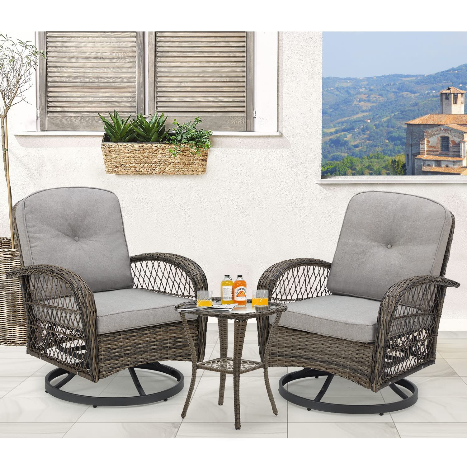 EROMMY 3-Piece Grey Wicker Swivel Patio Chair Set for Outdoor Garden, Poolside & Backyard Relaxation