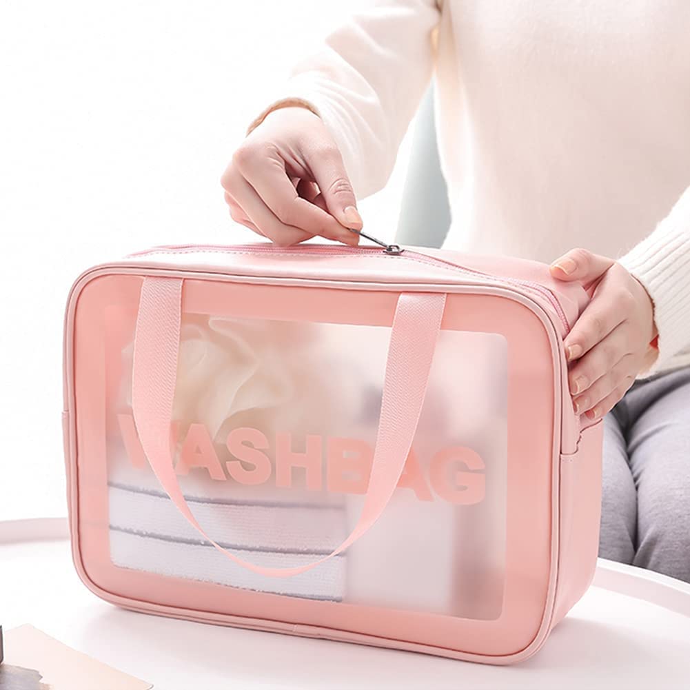 Large Clear Travel Cosmetic Organizer Bag - Waterproof Makeup Pouch & Toiletry Bag for Women & Girls (Pink) - Perfect for Airplane Carry-on, Gym Essentials & Bathroom Storage