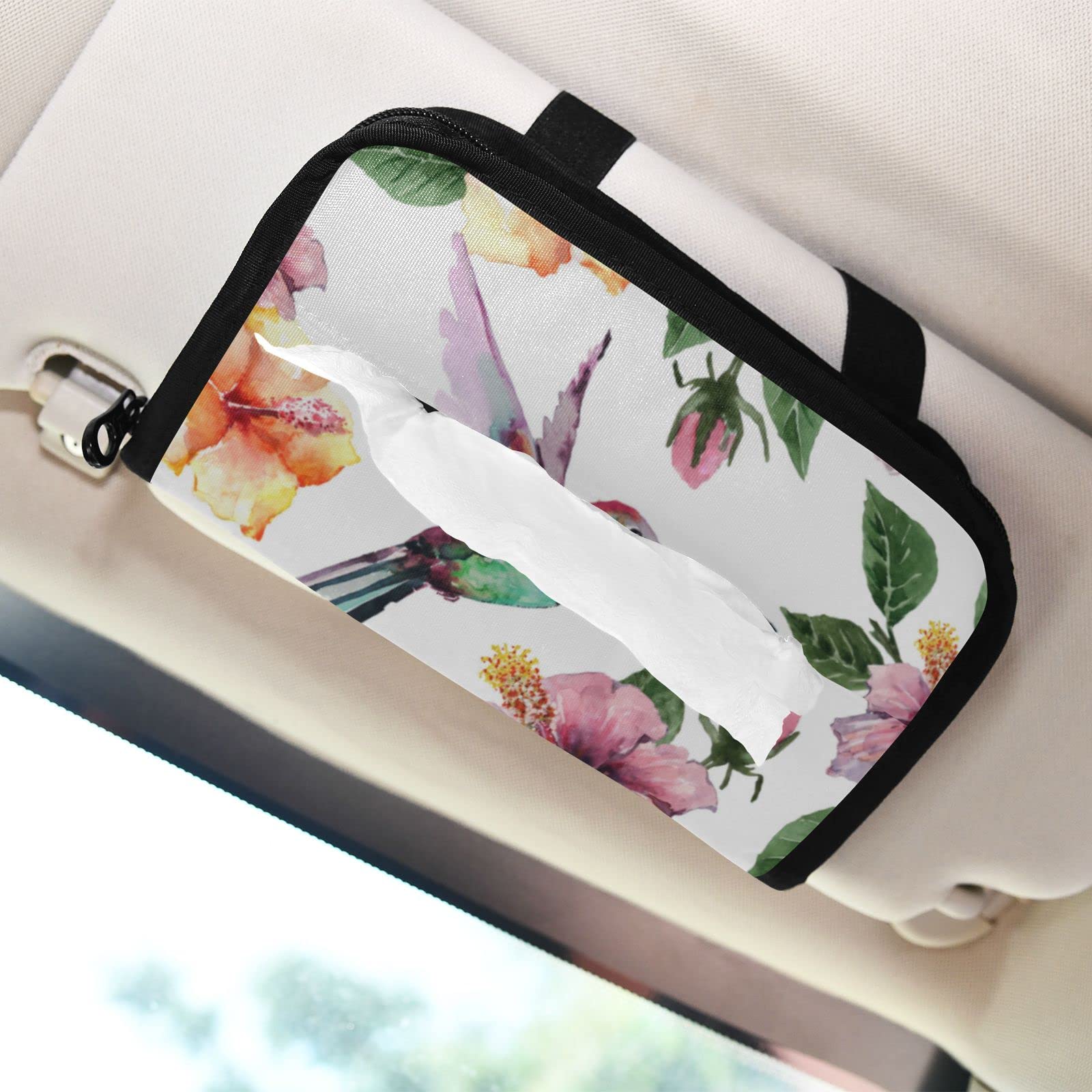 Hibiscus Flowers Hummingbird Car Visor Tissue Holder with Zipper - Universal Hanging Car Tissue Box & Wipes Case for Sun Visor - Perfect for Road Trips, Daily Commute and Car Organization