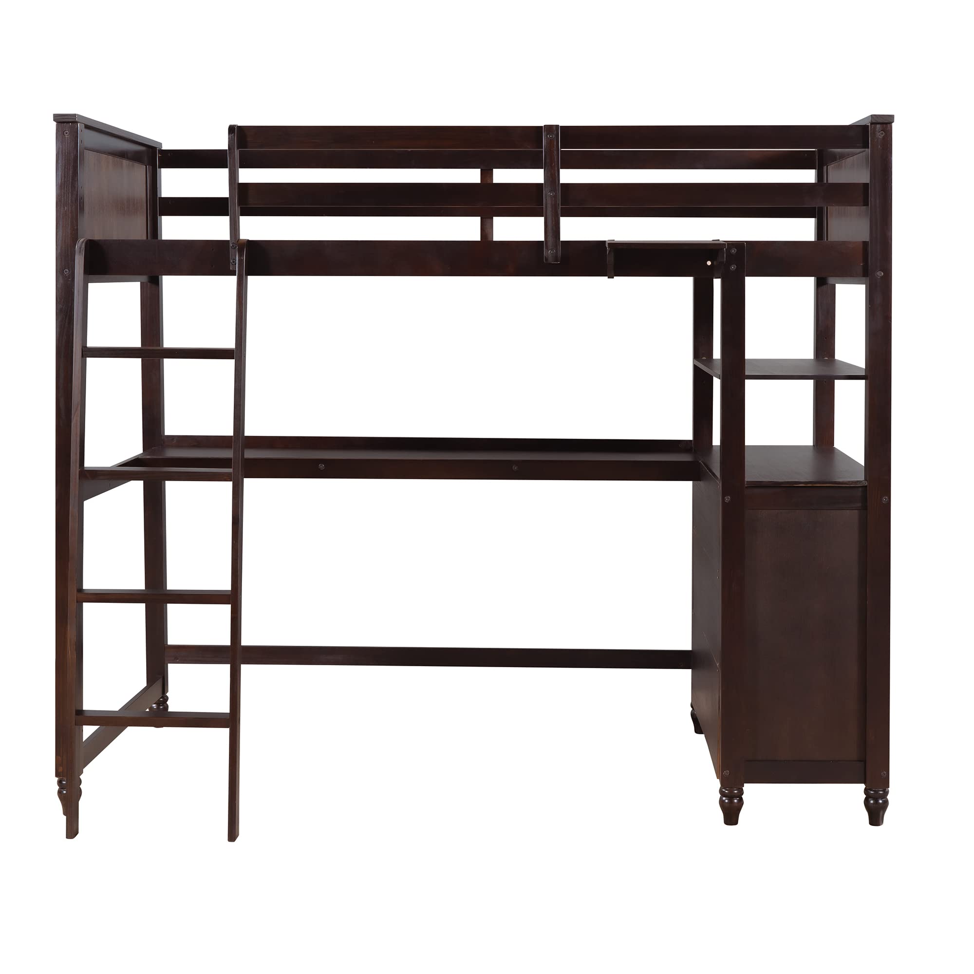 Twin Size Loft Bed with Desk, Drawers & Storage Shelves - Wooden High Loft Bed for Kids, Teens & Adults - Space Saving Study Bed with Headboard & Footboard - Perfect for Small Bedrooms, Dorms & Apartments (Twin, Espresso)