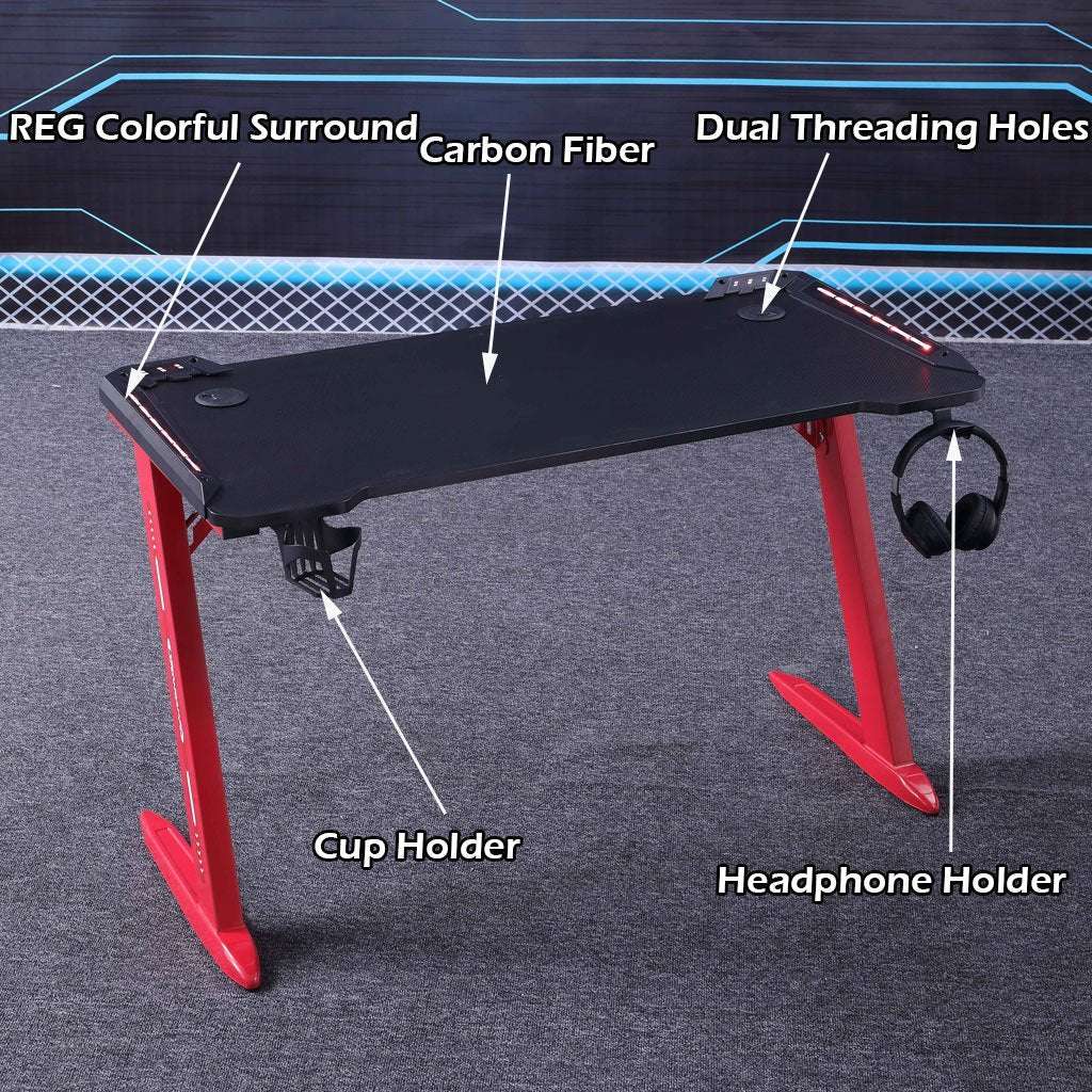 140cm RGB Gaming Desk with LED Lights - Carbon Fiber Z-Shaped Design for Home Office & PC Gaming - Perfect for Esports, Streaming & Workstations