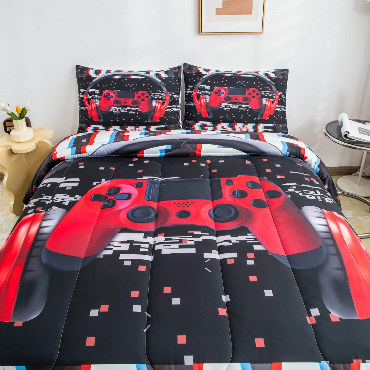 Erosebridal 4-Piece Red and Green Gaming Headset Comforter Set with Pillowcases - Soft Headphones & Gamepad Printed Bedding for Gamers - Perfect for Gaming Rooms, Dorm Decor, and Gamer Gifts