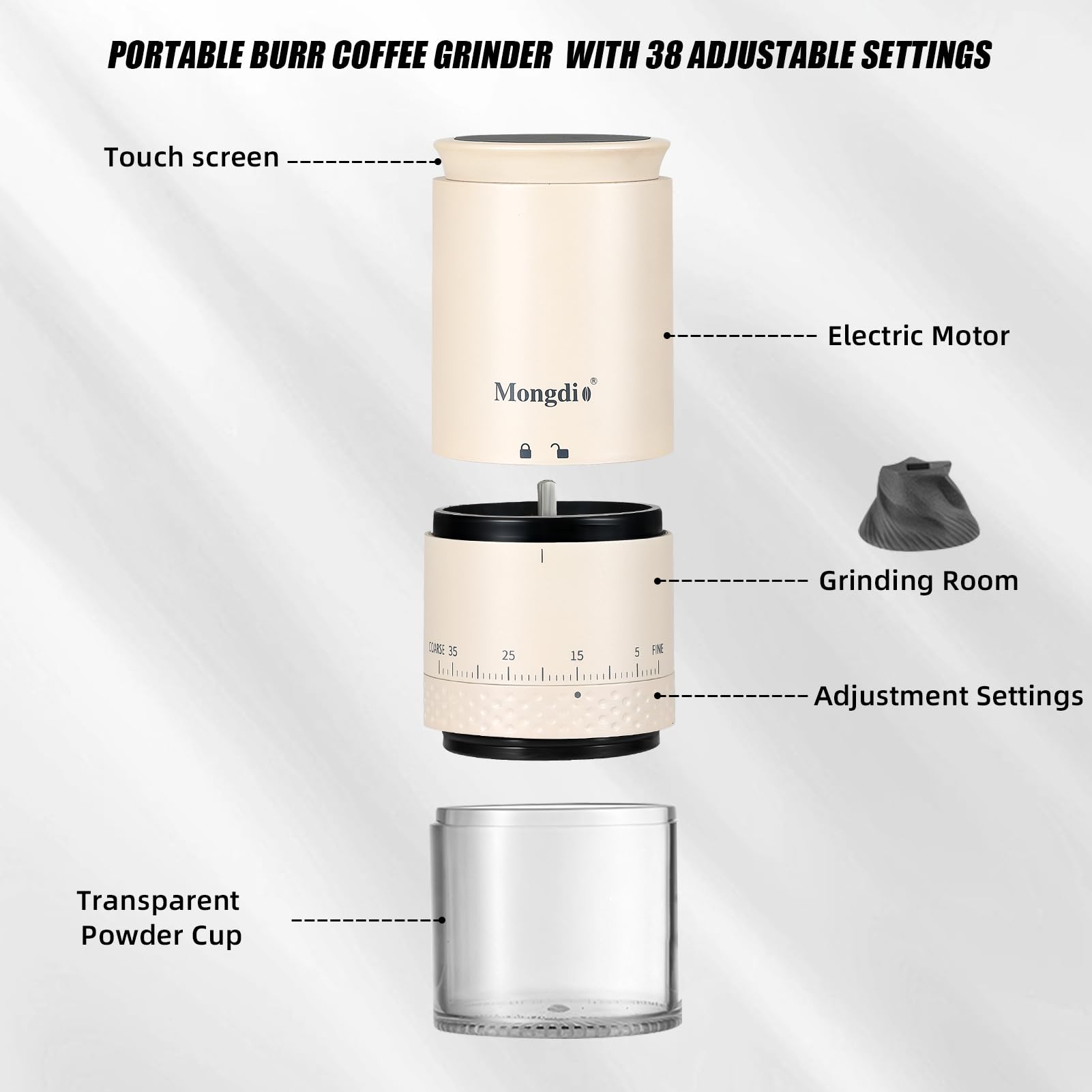 Premium Portable Electric Burr Coffee Grinder - 38 Adjustable Settings, Conical Burr with LED Display, USB Rechargeable, Ceramic Core - Perfect for Home, Office & Travel Use - Pearl White