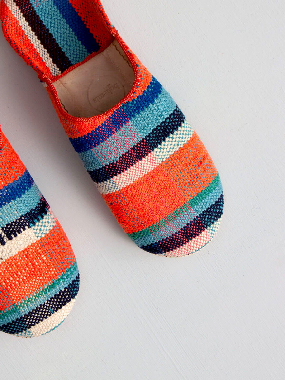 Authentic Moroccan Boujad Babouche Slippers - Handmade Leather Comfort Shoes in Orange & Blue Checkered Pattern | Perfect for Home, Lounge & Cultural Fashion