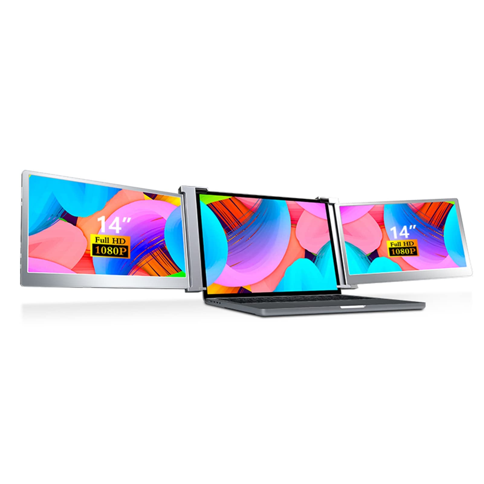 14in Triple Portable Monitor with Retractable Stand - HDR 1080P IPS Laptop Extender Screen for Windows, Mac, Linux & Chrome - Plug & Play Dual Display for Gaming, Coding & Multitasking (Space Grey) - Perfect for Remote Work, Travel & Productivity Boost