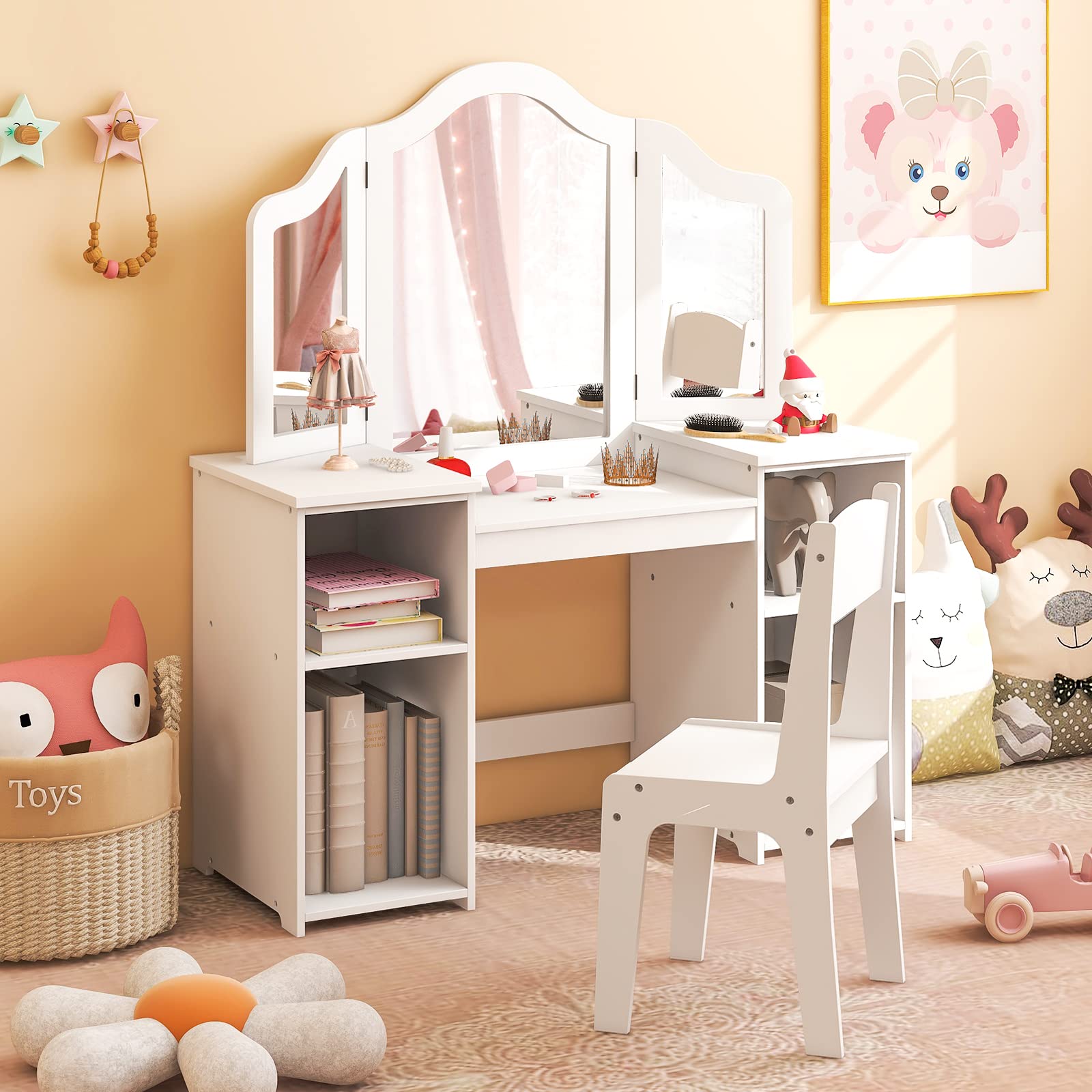 Costzon Kids Vanity Set with Mirror & Storage - White Princess Makeup Desk for Girls Playroom