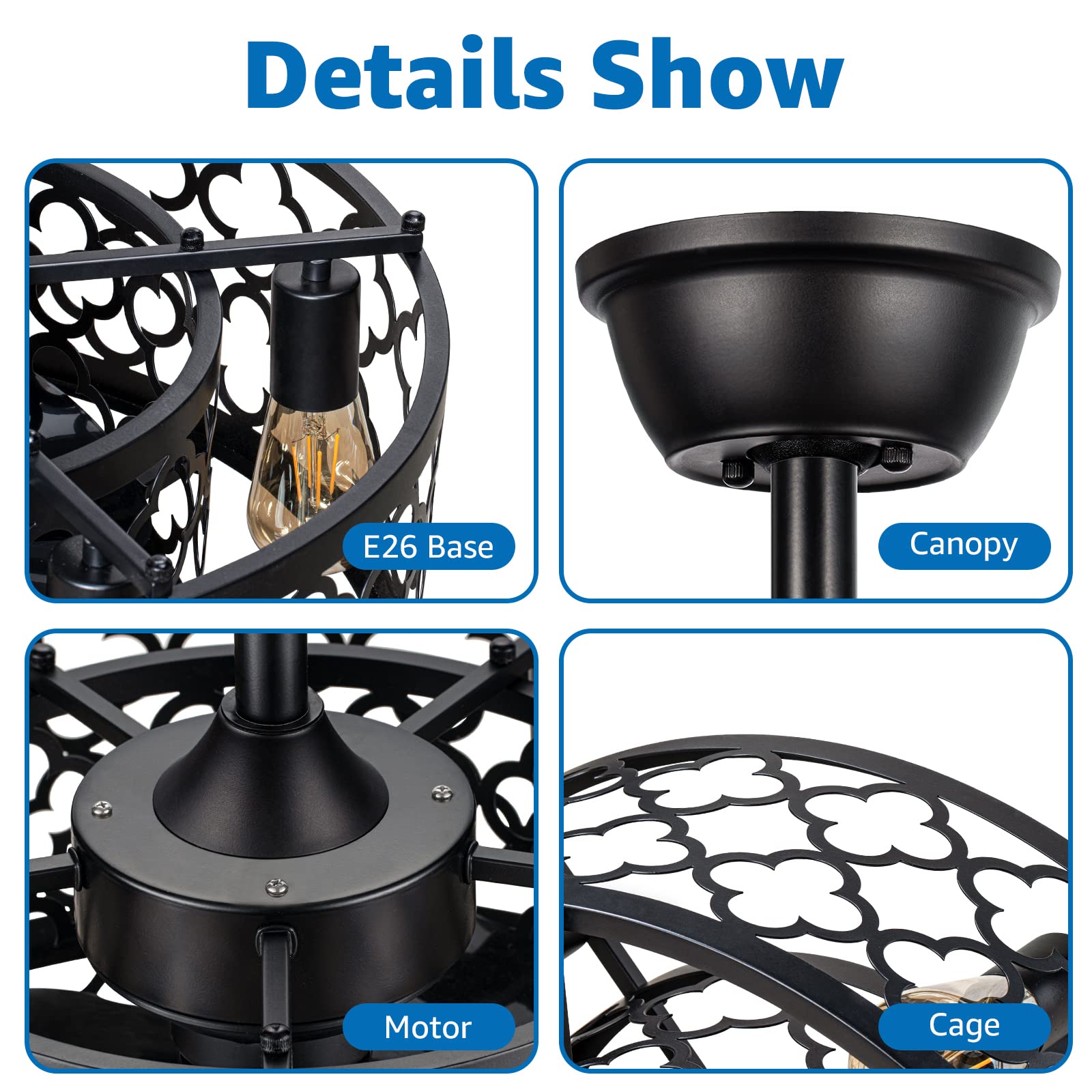 **SUNVIE 21-inch Caged Ceiling Fan with Lights & Remote Control - Industrial Bladeless Enclosed Ceiling Fan with Reversible Motor, 5 E26 Base (No Bulb Included) - Perfect for Bedroom, Kitchen, Living Room, Office & Patio**