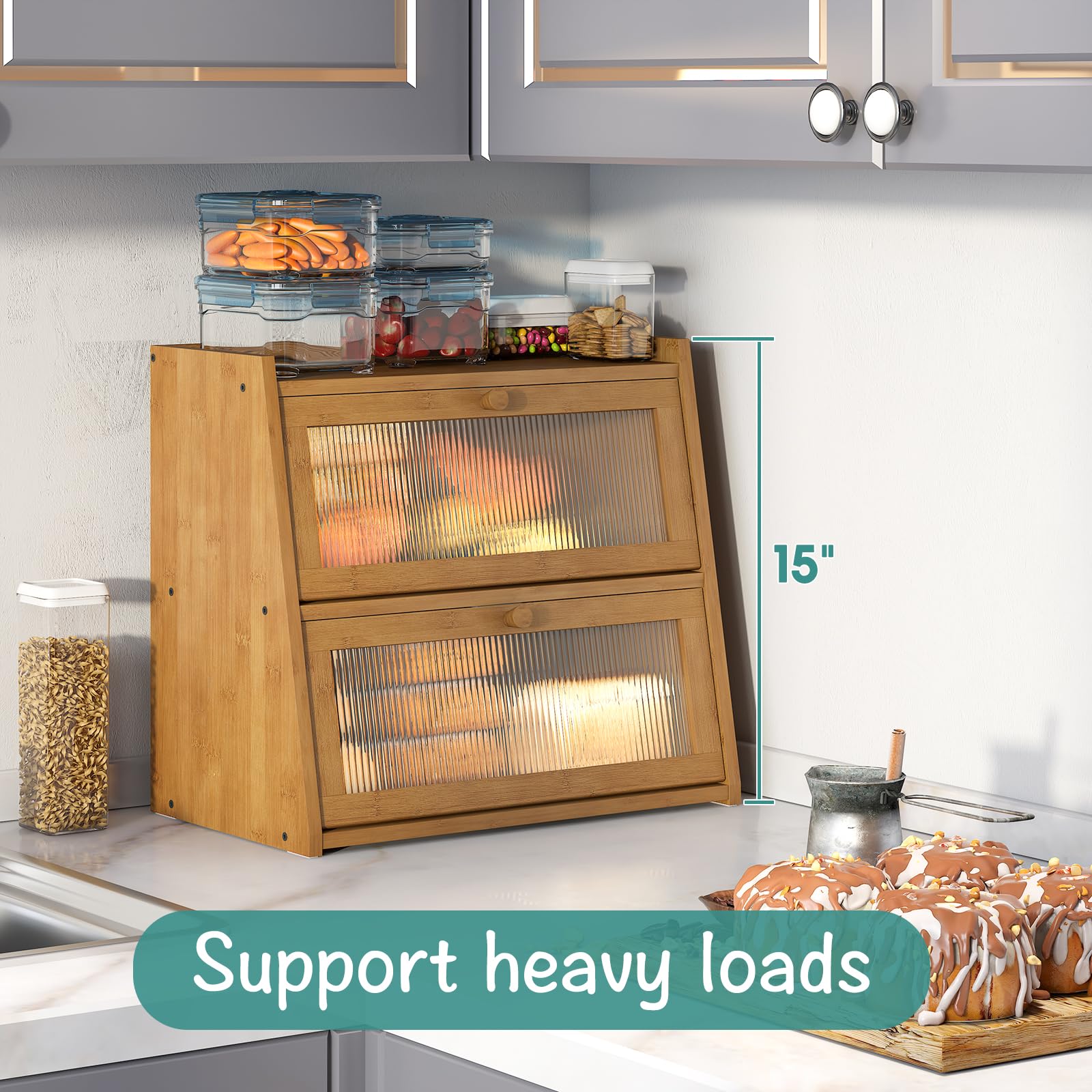 Extra Large Bamboo Bread Box with Acrylic Wavy Door - Double Layer Kitchen Counter Bread Storage Bin - Perfect for Storing Bread, Pastries & Baked Goods - Ideal for Bakeries, Restaurants & Home Kitchens
