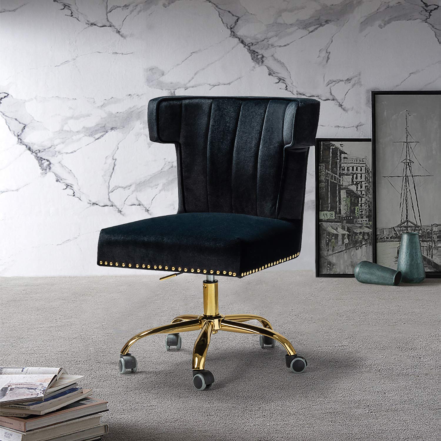 Luxury Velvet Office Chair with Wingback & Nailhead Trim - Adjustable Swivel Modern Armless Desk Chair for Women - Elegant Vanity Chair with Gold Base (Black) - Perfect for Home Office, Study Room & Dressing Area