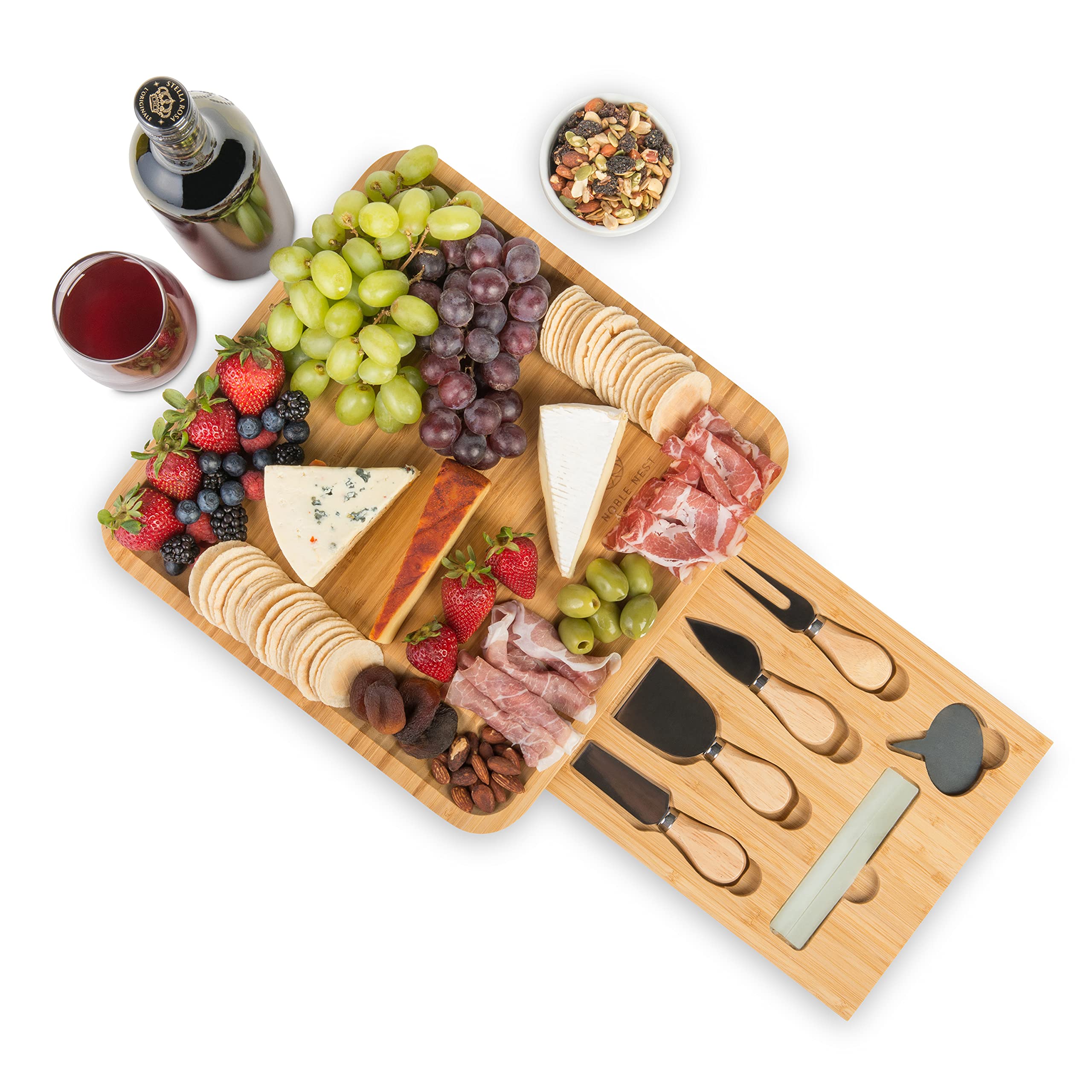 Premium Bamboo Cheese Board Set with Knives, Slate Labels & Chalk Marker - Elegant Charcuterie Platter for Entertaining | Perfect Gift for Wine Lovers, Bridal Showers & Weddings | Includes Drawer Storage & Travel Bag for Picnics & Parties