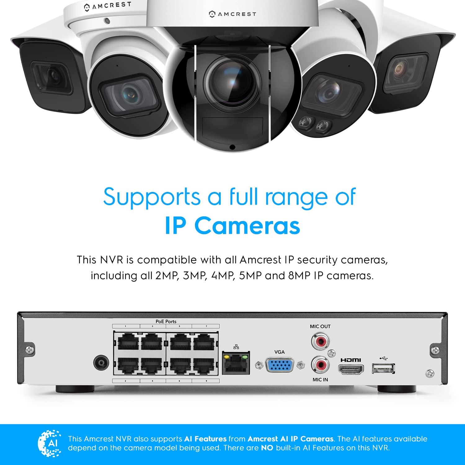 Amcrest NV4108E-A2 8CH 4K POE NVR Security System - 8MP/4K IP Camera Support, 10TB HDD Capacity (HDD Not Included) | Home & Business Surveillance Solution