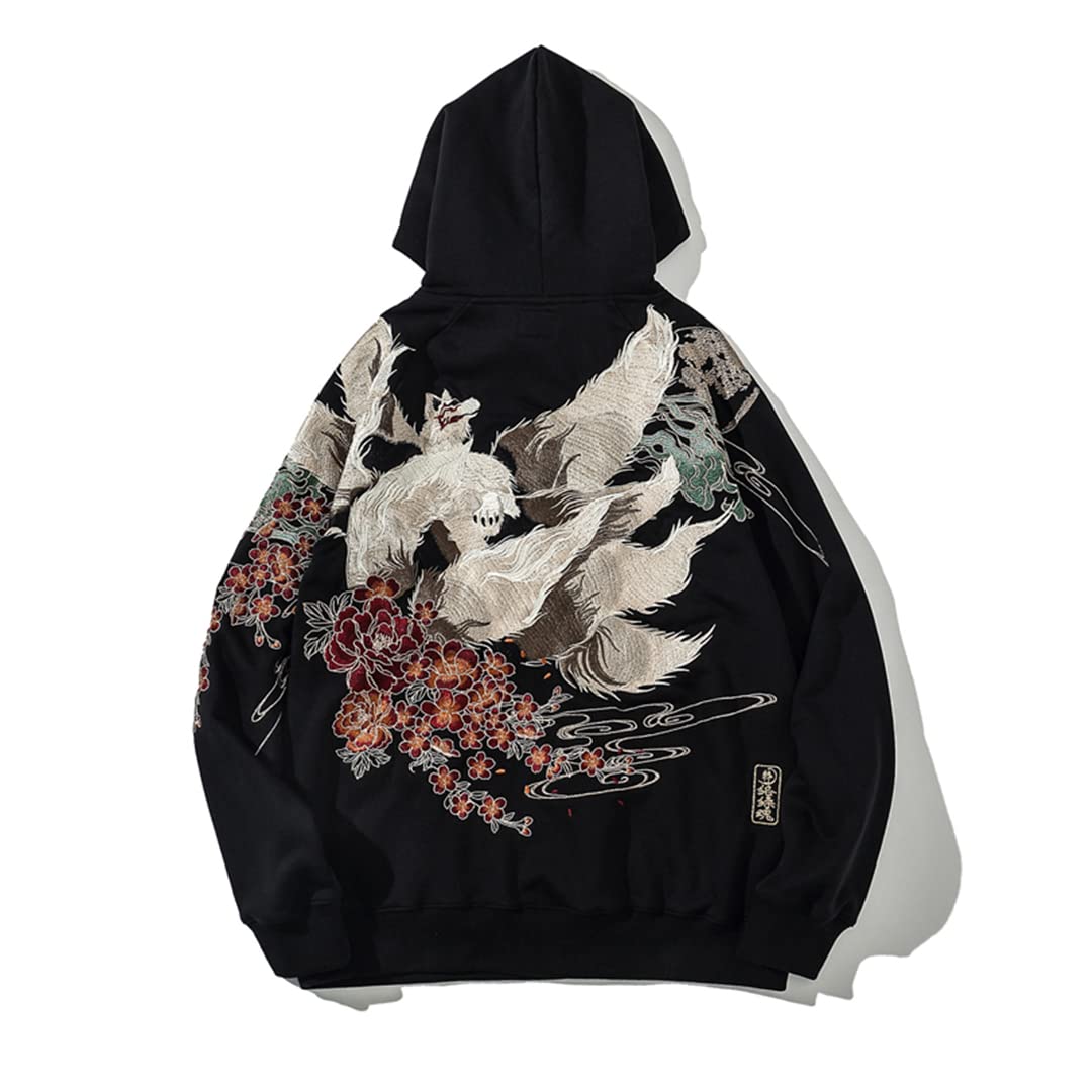 Japanese Style Embroidery Black Hoodie for Men - Harajuku Streetwear Pullover Sweatshirt | Trendy Urban Fashion for Casual Wear & Street Style Outfits