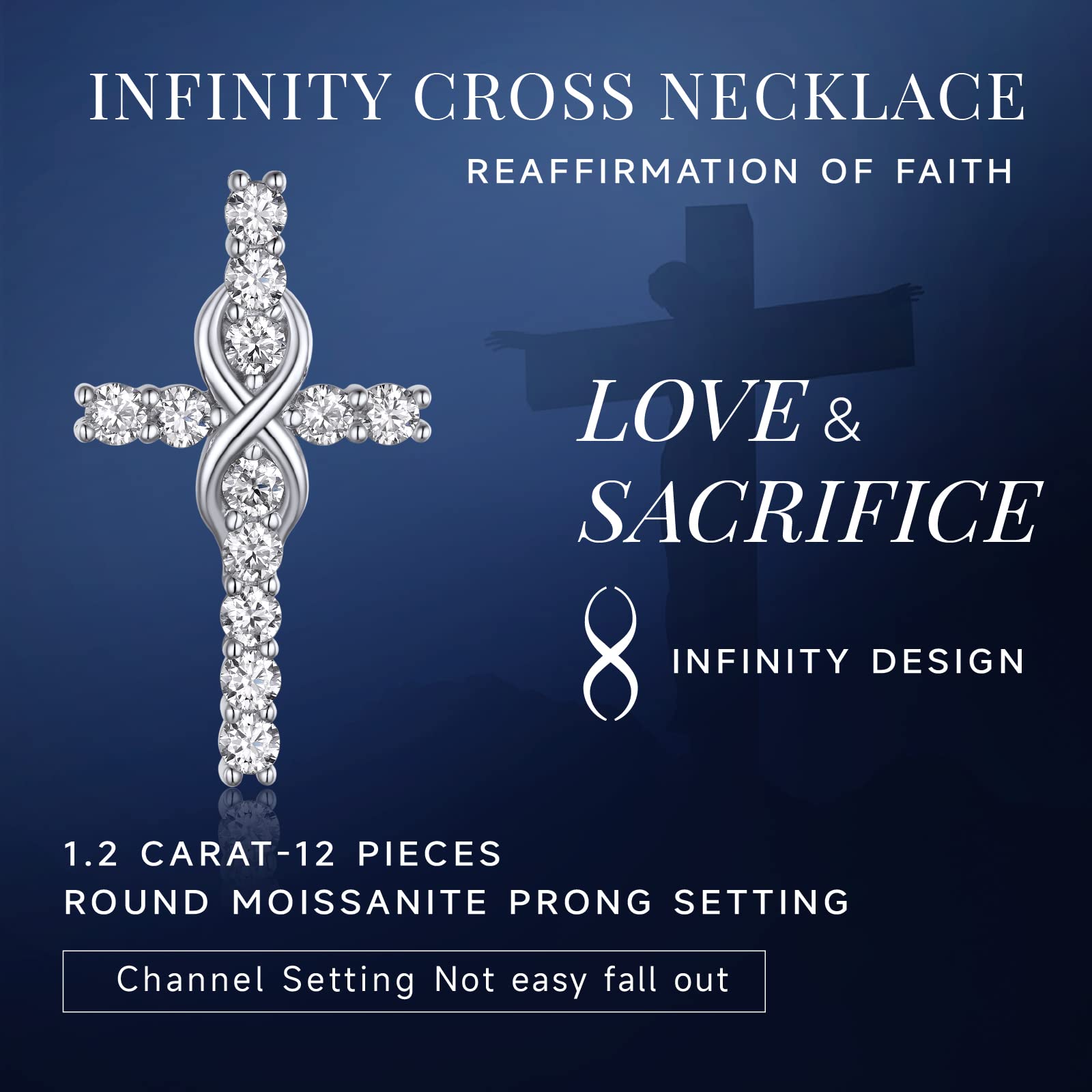 1.2Ct Moissanite Cross Necklace for Women - D Color VVS1 Lab Created Diamond, 925 Sterling Silver Pendant Necklace, Elegant Religious Jewelry Gift for Birthday, Christmas, Anniversary - Perfect for Church, Weddings & Special Occasions