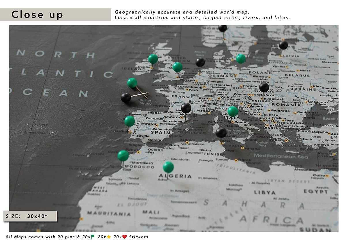 Personalized Push Pin Travel Map - World Map Poster with Pins | Customizable Design & Size Options | Perfect Gift for Travel Lovers | Track Your Adventures & Decorate Home Office