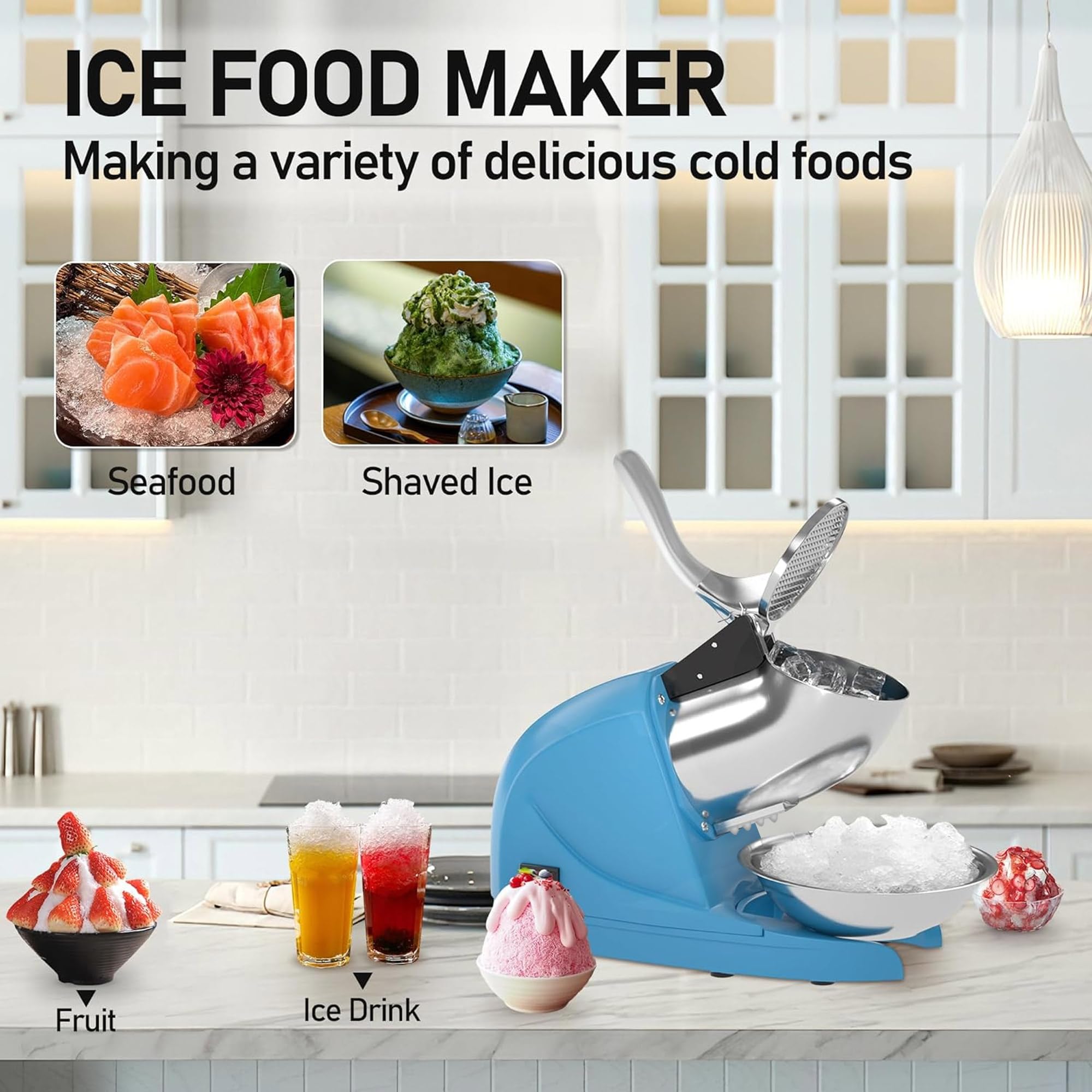 Electric Shaved Ice Machine - 380W 3-Blade Snow Cone Maker, 286 lb/hr High-Capacity Ice Crusher for Commercial & Home Use (Blue) - Perfect for Parties, Cafes, and Summer Treats