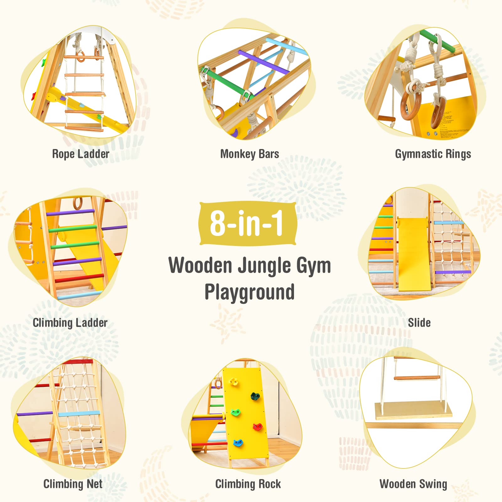 Costzon 8-in-1 Montessori Indoor Jungle Gym for Toddlers - Wooden Climbing Toys with Slide, Rock Wall, Net & Monkey Bars - Safe Playground Climber Set for Kids Ages 3-6 | Perfect for Home Playrooms, Daycares & Birthday Gifts