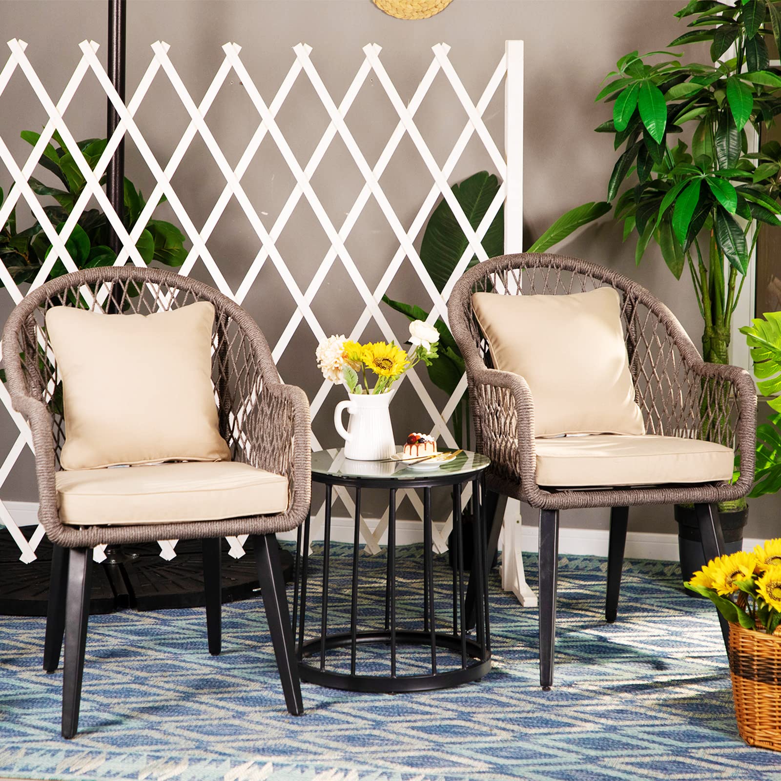 PHI VILLA 3-Piece Outdoor Patio Furniture Set - 2 Hand-Woven Olifin Rope Chairs with Cushions & 1 Tempered Glass Coffee Table - Grey Wicker Bistro Set with Beige Cushions for Backyard, Porch, Garden or Poolside Relaxation
