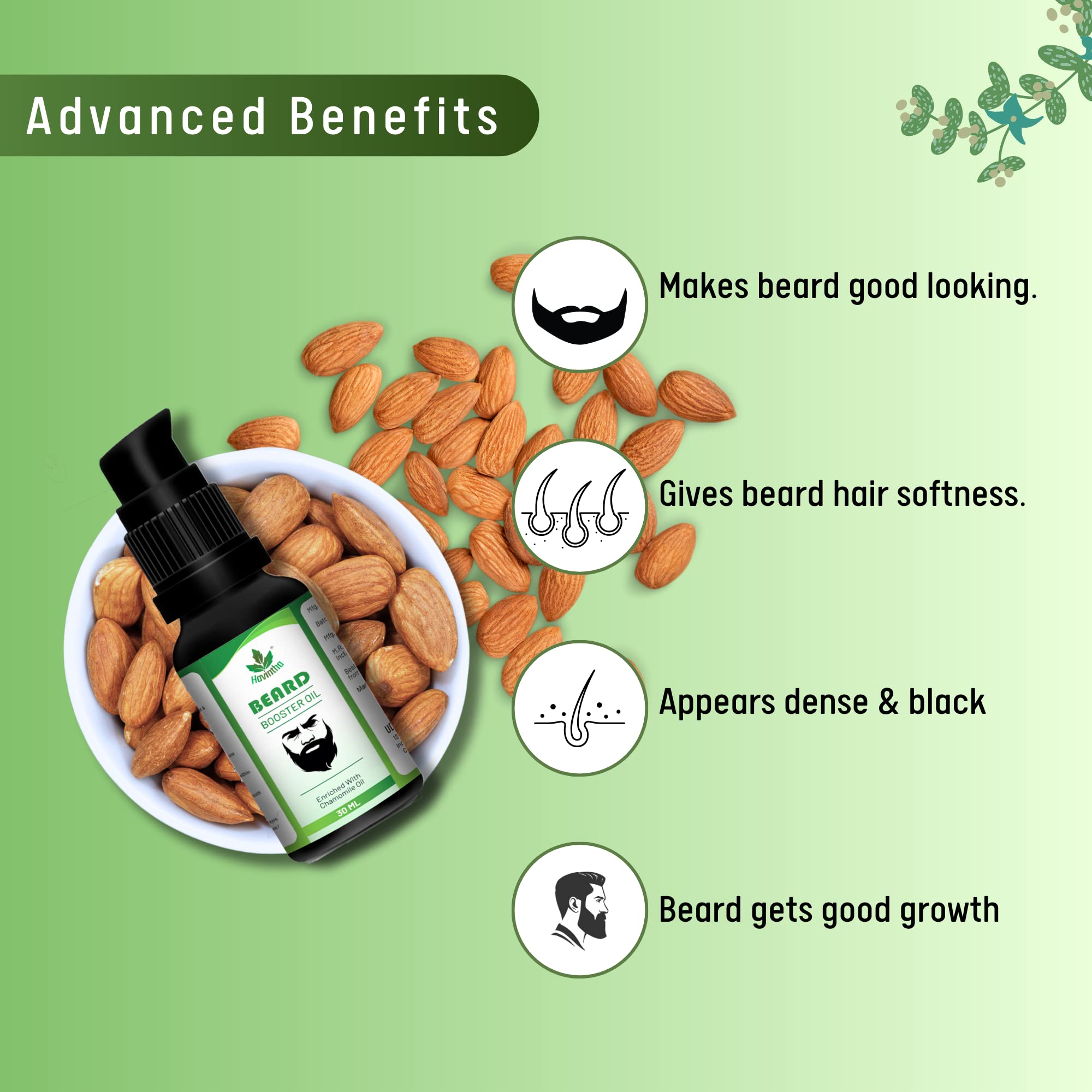 Havintha Natural Beard Growth Oil with Shikakai, Sunflower, Tea Tree, Almond & Chamomile Oils | Best Beard Oil for Men - Promotes Fast Growth & Softens Facial Hair | 30ml Bottle for Daily Grooming & Styling