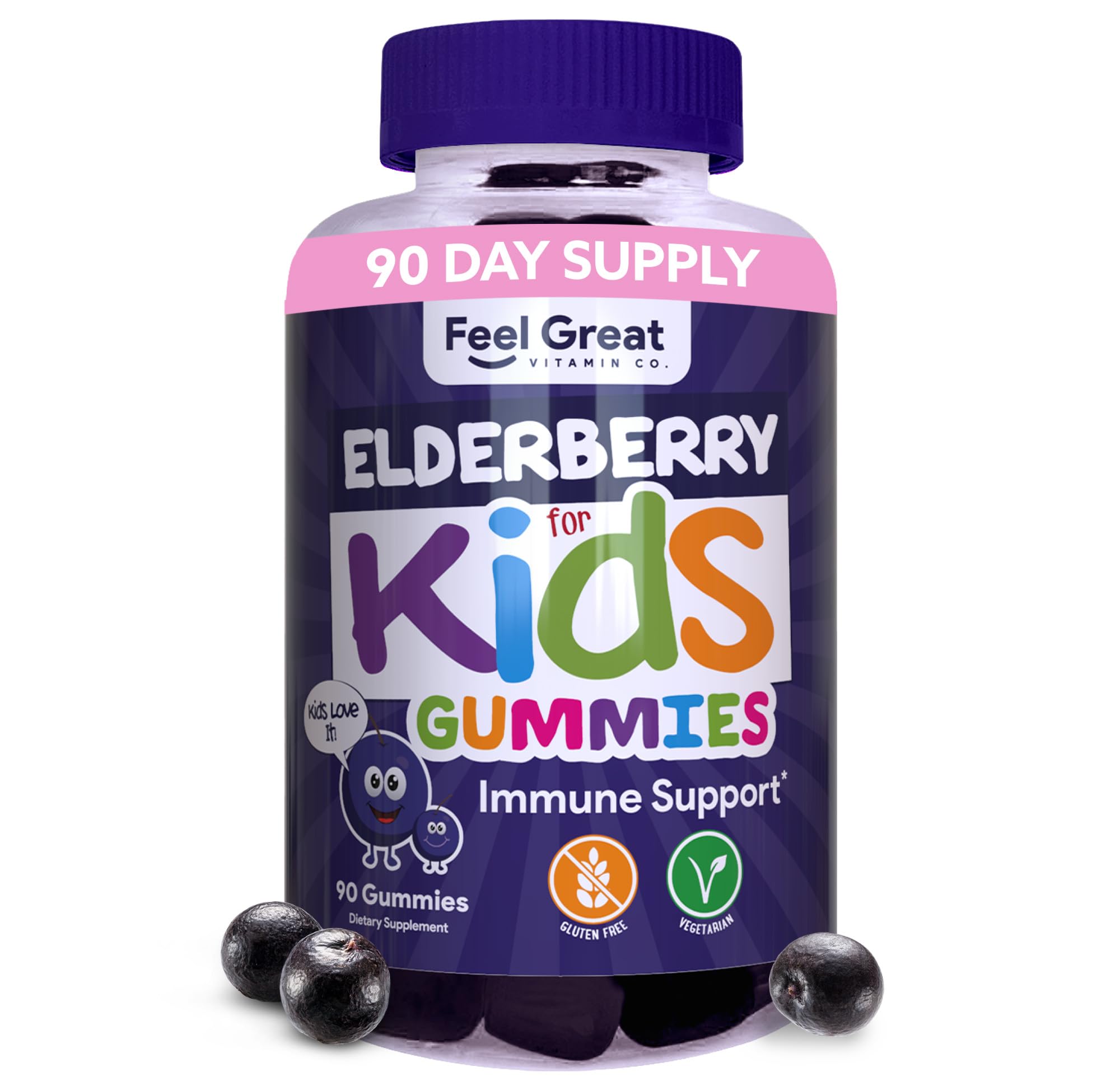 Feel Great Vitamin Co. Elderberry Gummies for Kids - Immune Support with Vitamin C & Zinc | Natural Antioxidant Booster | Gluten Free Vegetarian Supplement (90 Count) | Perfect for Daily Immunity & Cold Season Protection