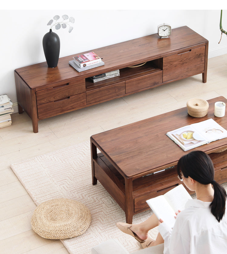 Solid Black Walnut Wood Coffee Table with 4 Drawers - Rustic Modern Living Room Furniture for Home Decor