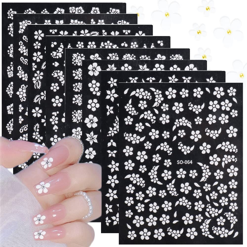 Cherry Blossom Nail Art Stickers - 8 Sheets 3D White Floral Nail Decals for Manicure, Self-Adhesive Nail Design Supplies - Perfect for Spring Nails, Bridal Party, Salon Decorations & DIY Nail Art Projects
