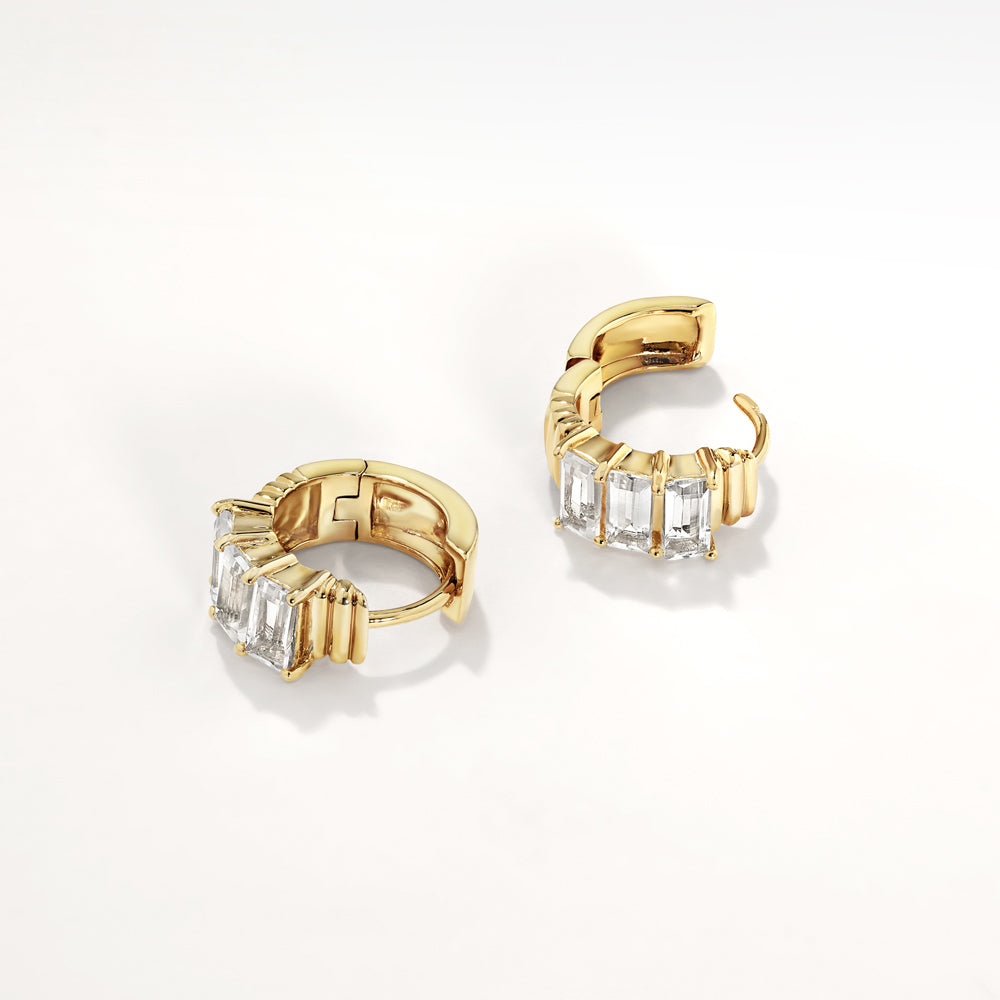 White Topaz Baguette Textured Gold Huggie Earrings for Women - Elegant Everyday Jewelry for Work, Date Night & Special Occasions