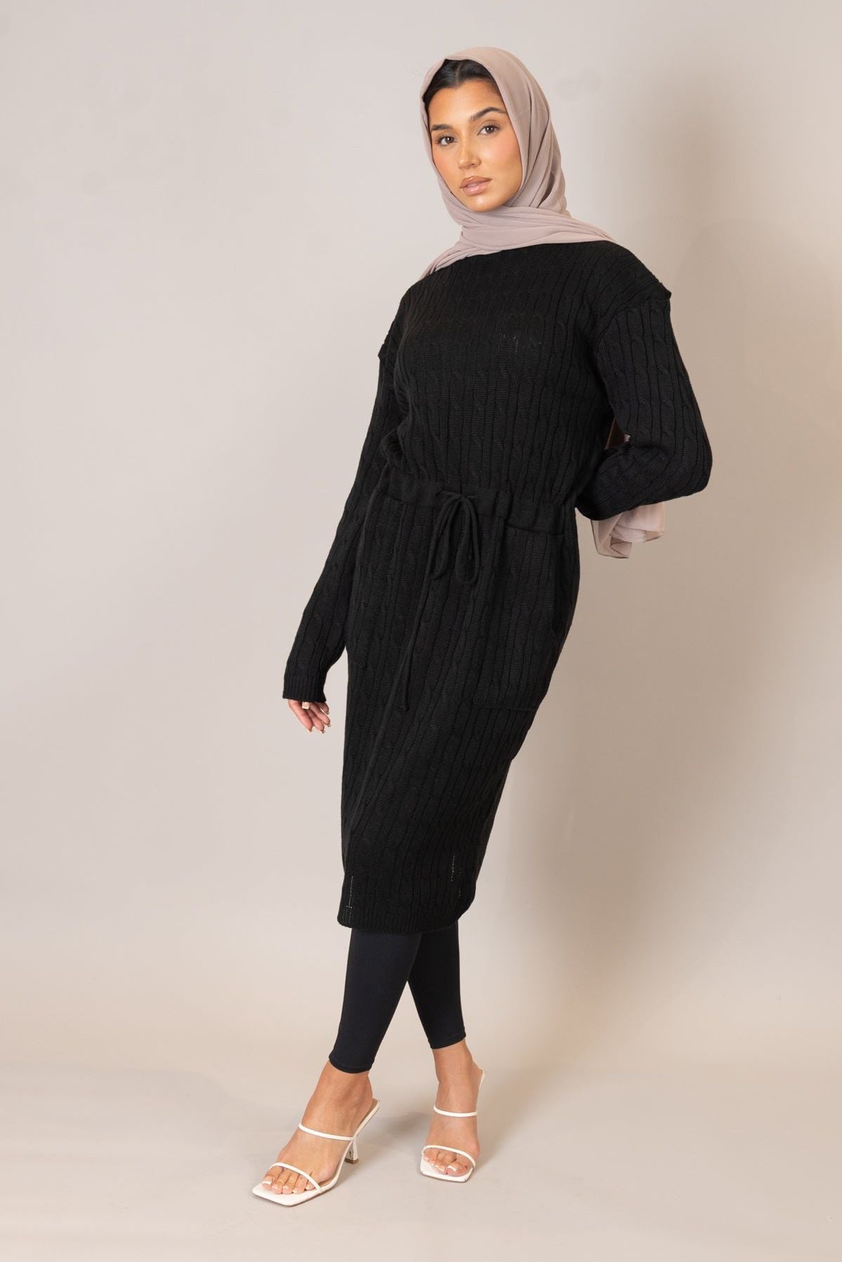 Black Drawstring Cable Knit Sweater Dress for Women - Cozy Winter Pullover Dress for Casual Outings & Holiday Parties